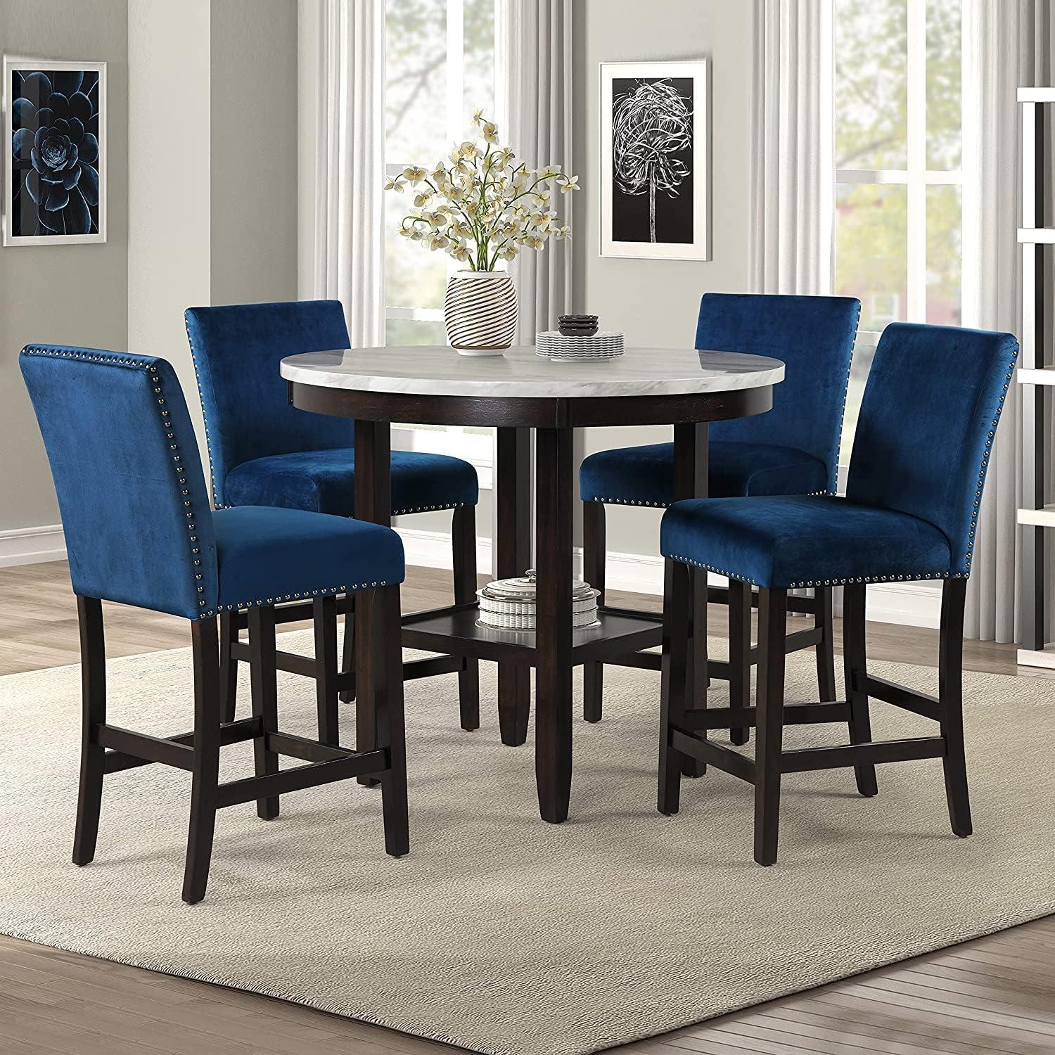 Celeste 5-Piece Blue Velvet and Faux Marble Counter Set