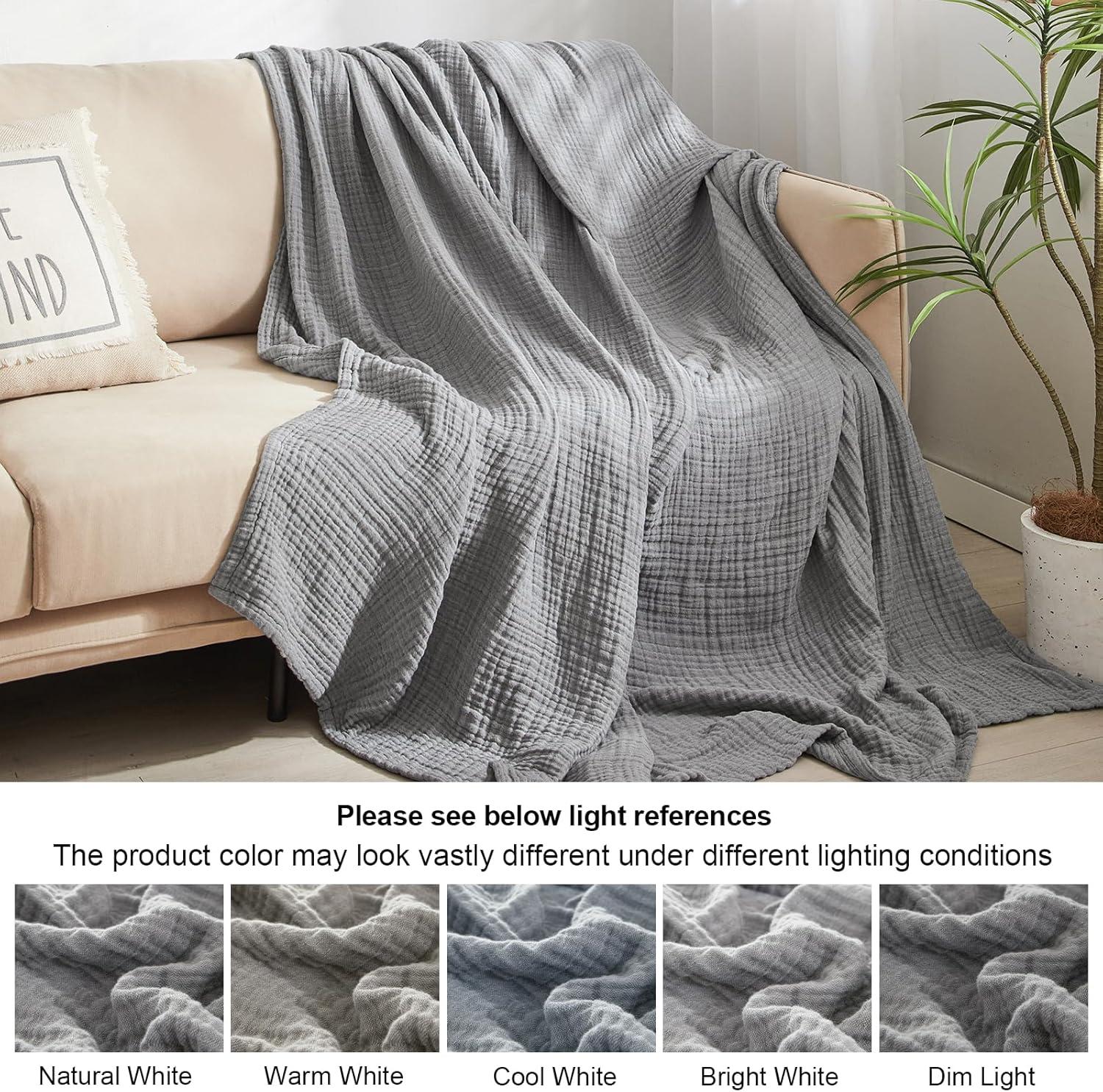 PHF 100% Cotton Muslin Blanket King Size 108" x 90", 4-Layer Lightweight and Breathable Blanket for Summer, Luxuriously Soft Gauze Bedding for Bed, Natural Minimalism Style, Ideal, Gift Grey