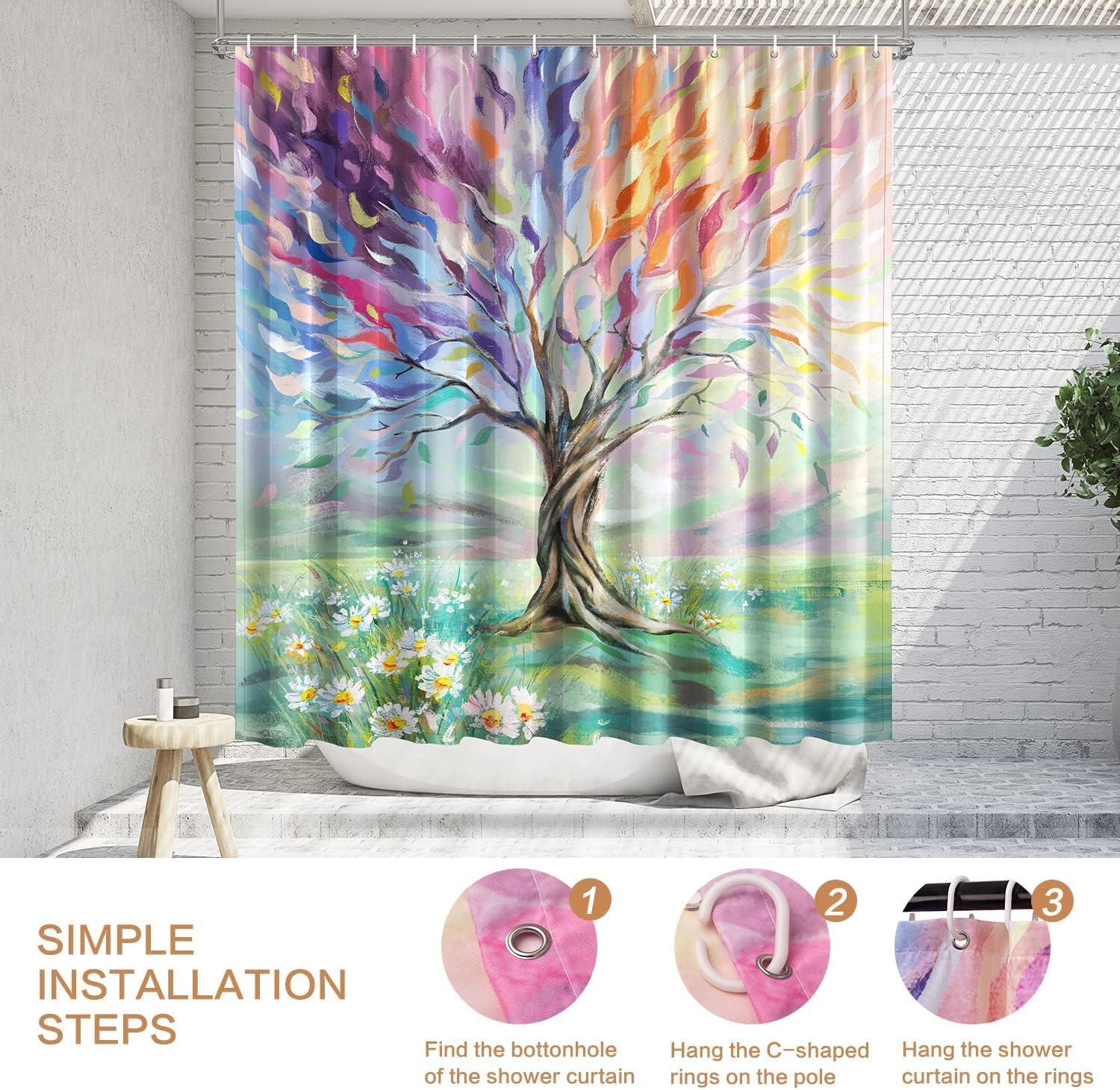 Oil Painting Tree Shower Curtain, Colored Seasons Tree Shower Curtain for Bathroom with 12 Hooks Polyester Fabric Washable Summer Shower Curtain Set Home Office Farmhouse Decor Bath Curtain