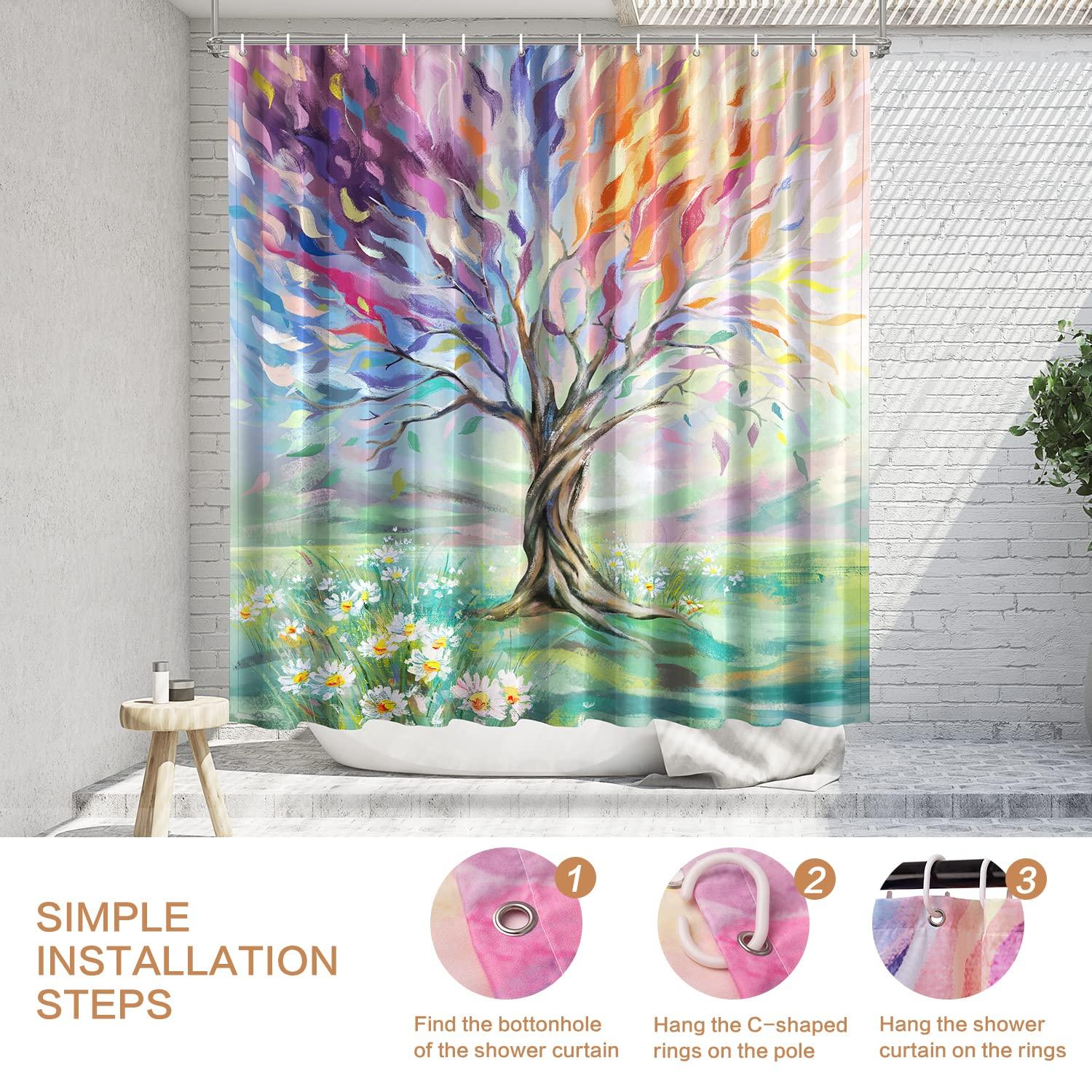 Oil Painting Tree Shower Curtain, Colored Seasons Tree Shower Curtain for Bathroom with 12 Hooks Polyester Fabric Washable Summer Shower Curtain Set Home Office Farmhouse Decor Bath Curtain