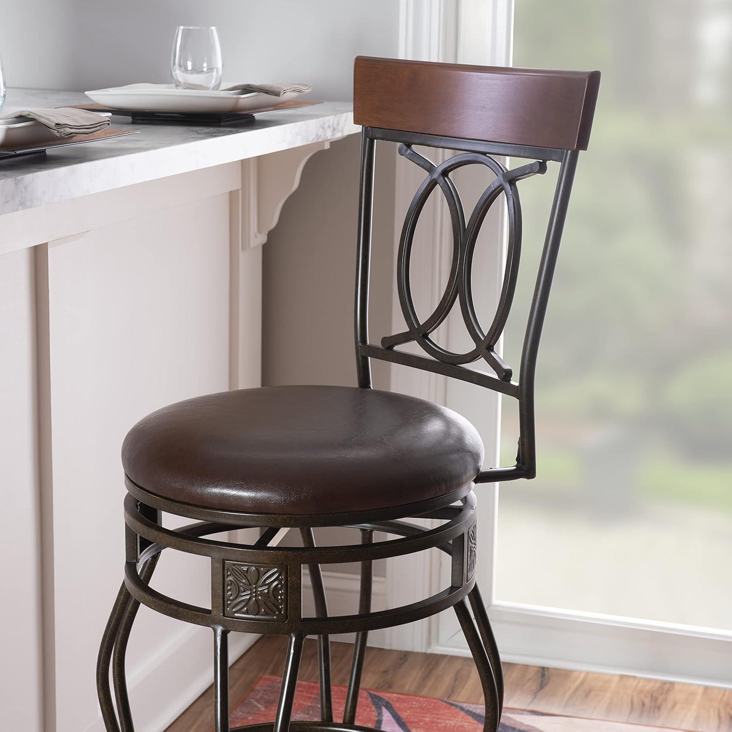 Linon O & X Back 30" Metal Swivel Faux Leather Bar Stool in Matte Bronze Finish