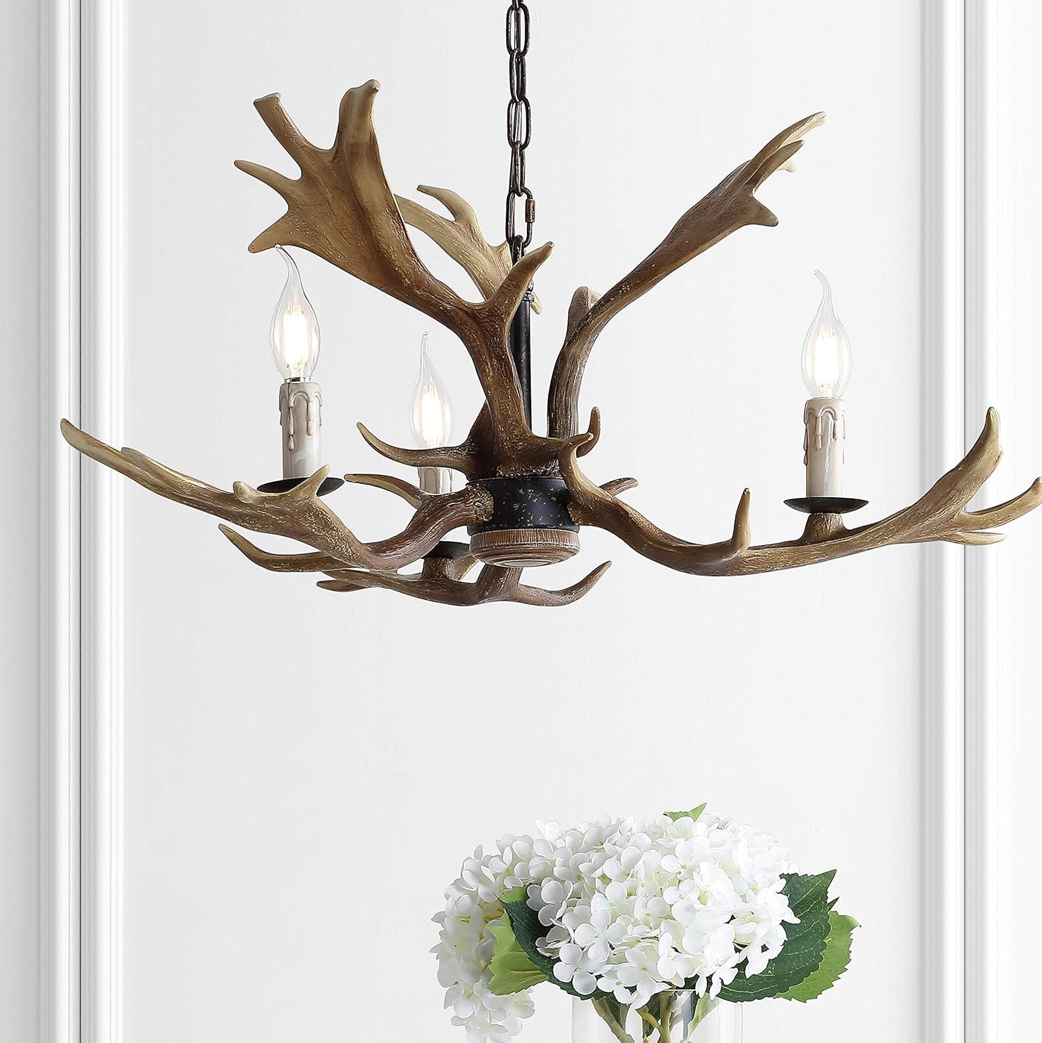 JONATHAN Y Speller 27" Adjustable Resin Antler 3-Light LED Chandelier, Brown