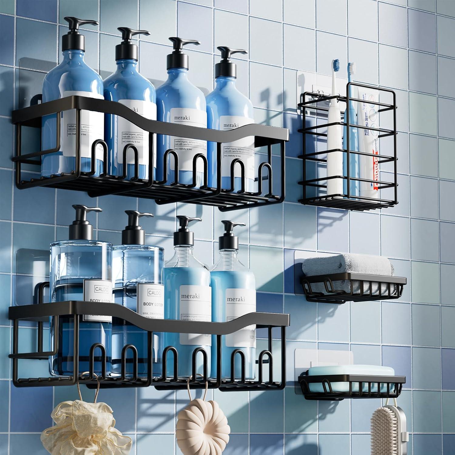 Shower Caddy 5 Pack,Adhesive Shower Organizer for Bathroom Storage&Home Decor&Kitchen,No Drilling,Large Capacity,Rustproof Stainless Steel Bathroom Organizer,Shower Shelves for Inside Shower-Standard
