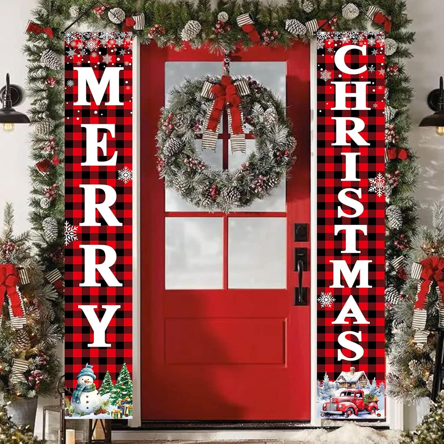 Christmas Decorations Outdoor Yard Front Porch Sign Set, Red Black Buffalo Plaid Door Banner, Hanging Merry Christmas Decorations for Home, Indoor Outdoor Xmas Decor Wall Front Door Yard Garage