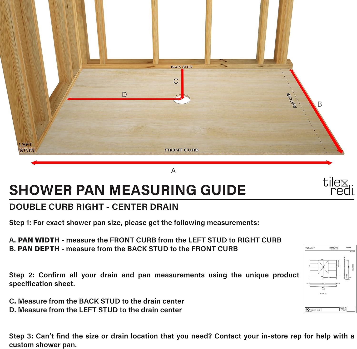 Beige PVC Double Curb Shower Pan with Center Drain, 48" x 36"