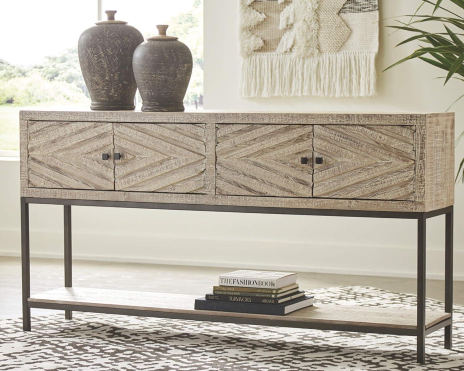 Roanley Distressed White and Black Metal Console Table with Storage