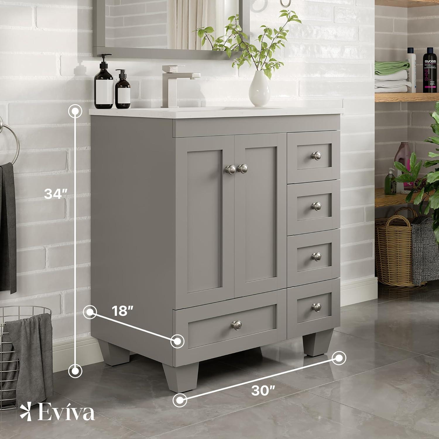 Eviva Happy 30" x 18" Transitional Gray Bathroom Vanity with White Carrara Marble Countertop