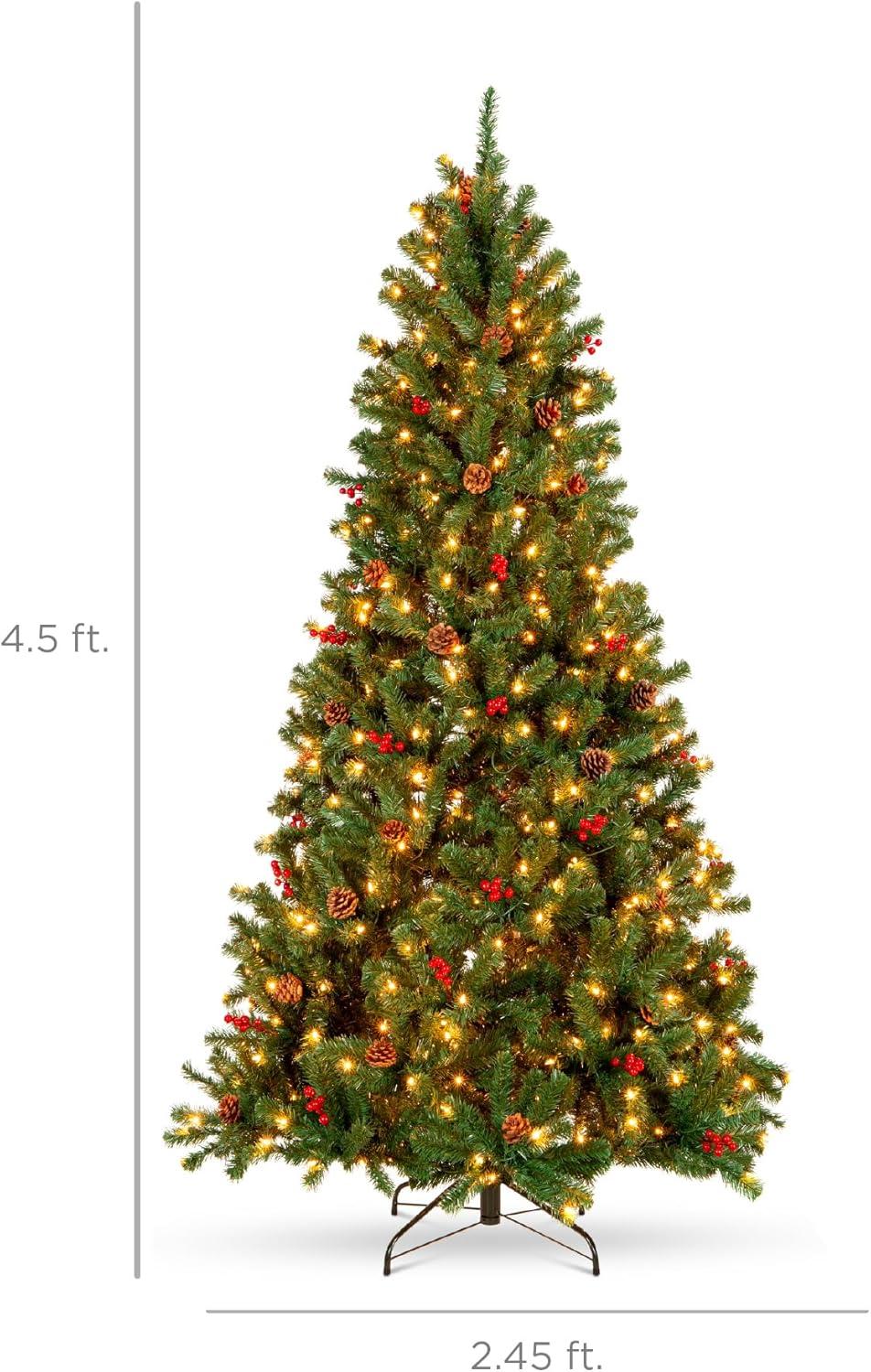 Best Choice Products 4.5ft Pre-Lit Pre-Decorated Holiday Spruce Christmas Pine Tree w/ 398 Tips, 150Lights, Metal Base