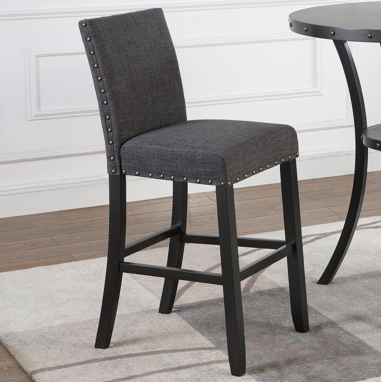 Espresso Hardwood Contemporary Bar Stools with Gray Linen Upholstery, Set of 2