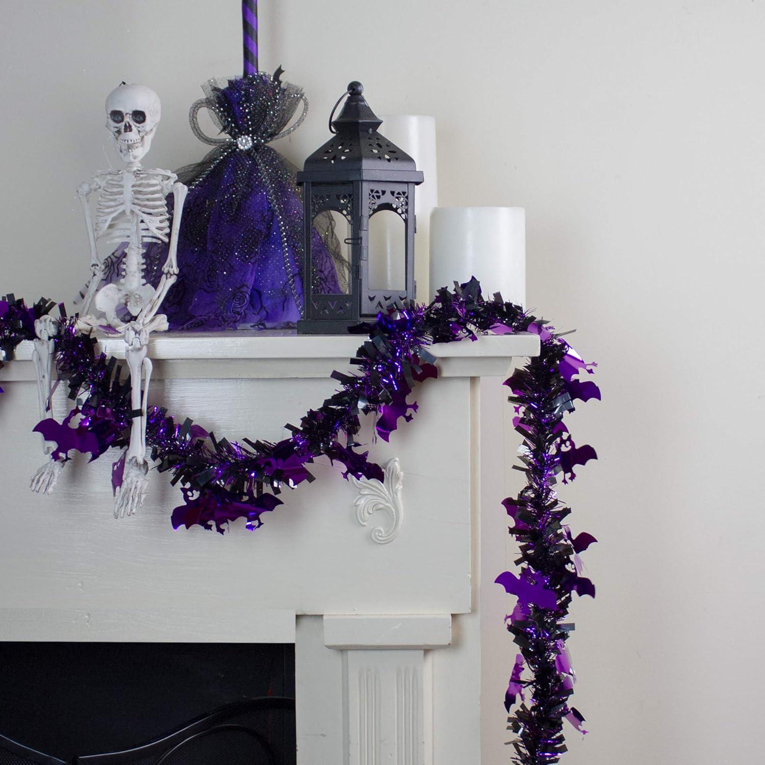 Black and Purple Halloween Tinsel Garland with Bats, 50 Feet