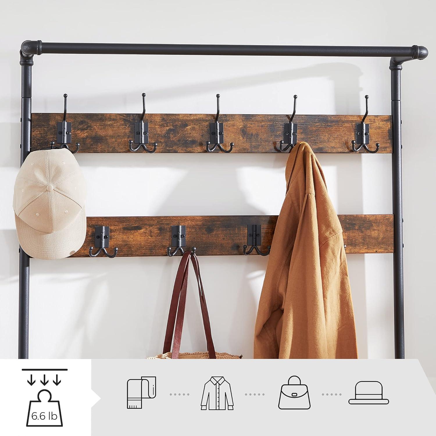 Industrial Coat Rack Stand, Shoe Rack Bench with Grid Memo Board, 9 Hooks and Storage Shelves, Hall Tree with Stable Metal Frame, Rustic Brown UHSR46BX