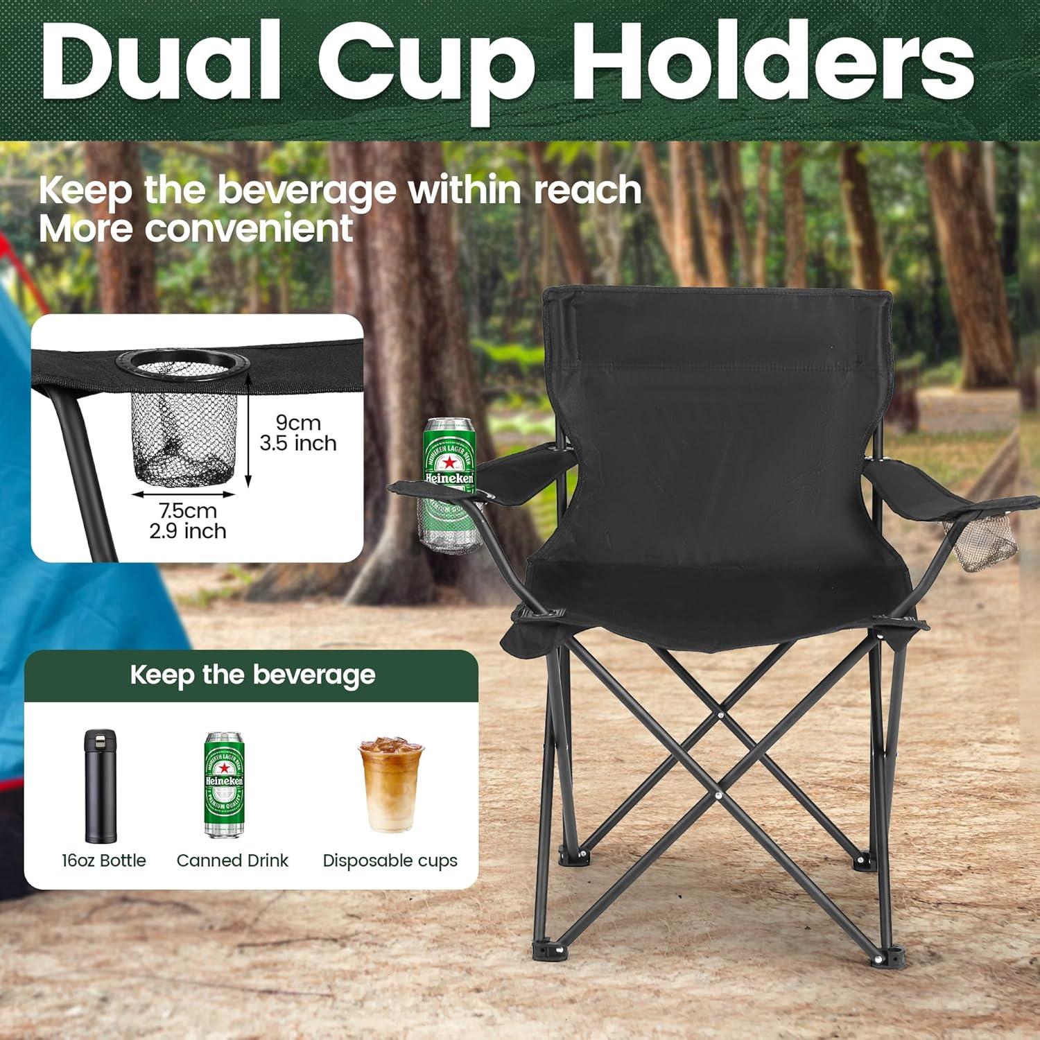 2 Pack Large Portable Camping Chair - Steel Frame, Folding Design, Storage Pockets, Cup Holder, Carry Bag - Ideal for Beach, Fishing, Tailgating, Outdoor Sports - Carry Bag