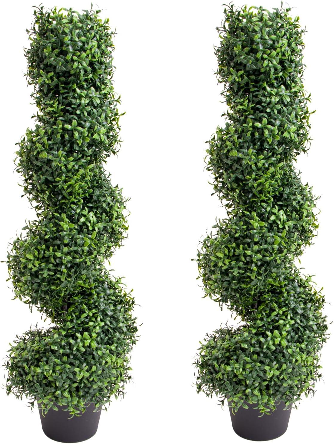 35 Inch Green Artificial Boxwood Spiral Topiary in Plastic Pot, Set of 2