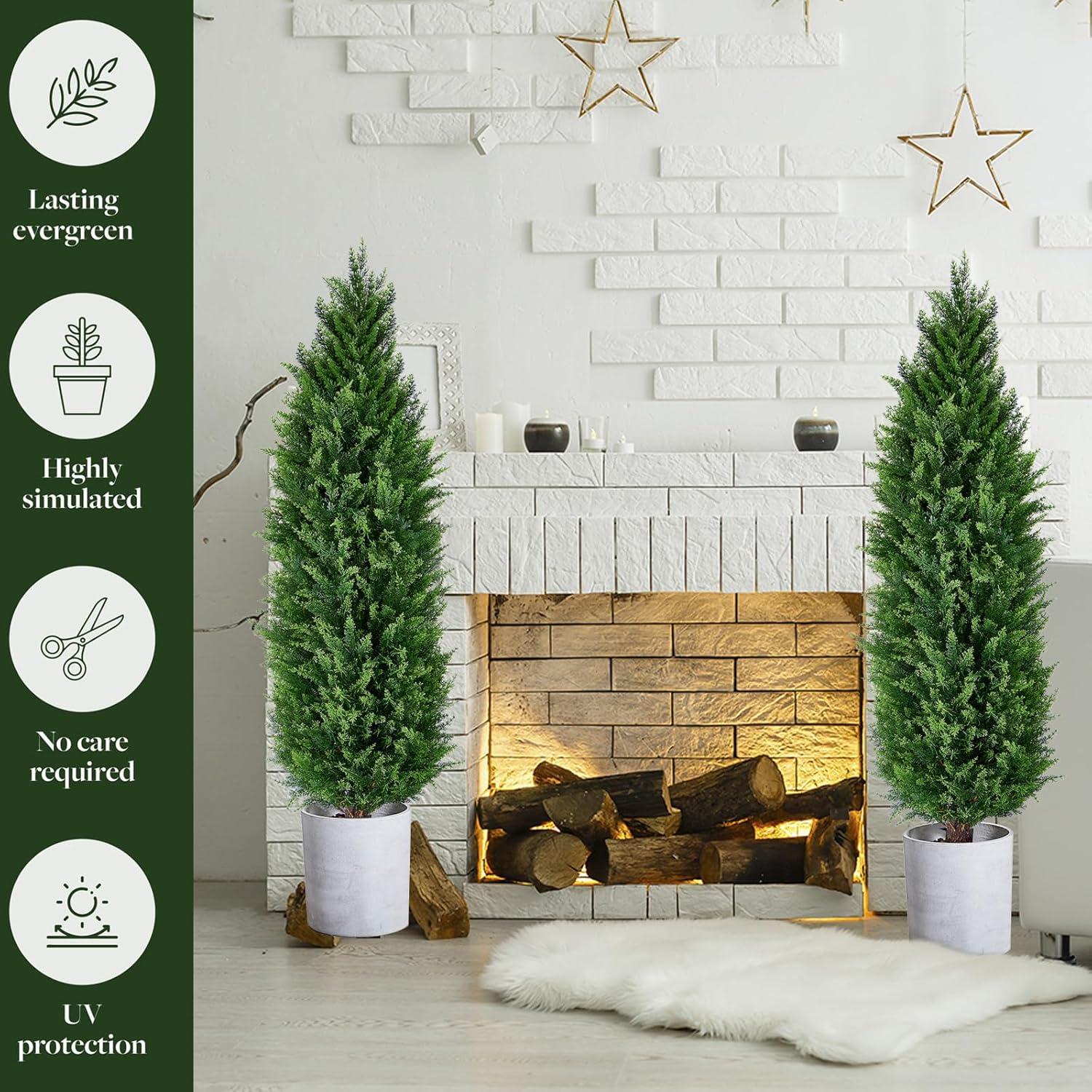 LINBONIO Artificial Cedar Tree 4 ft Artificial Topiary Trees Beautiful Realistic Faux Cedar Pines UV Protection for Longer Life 2Pack