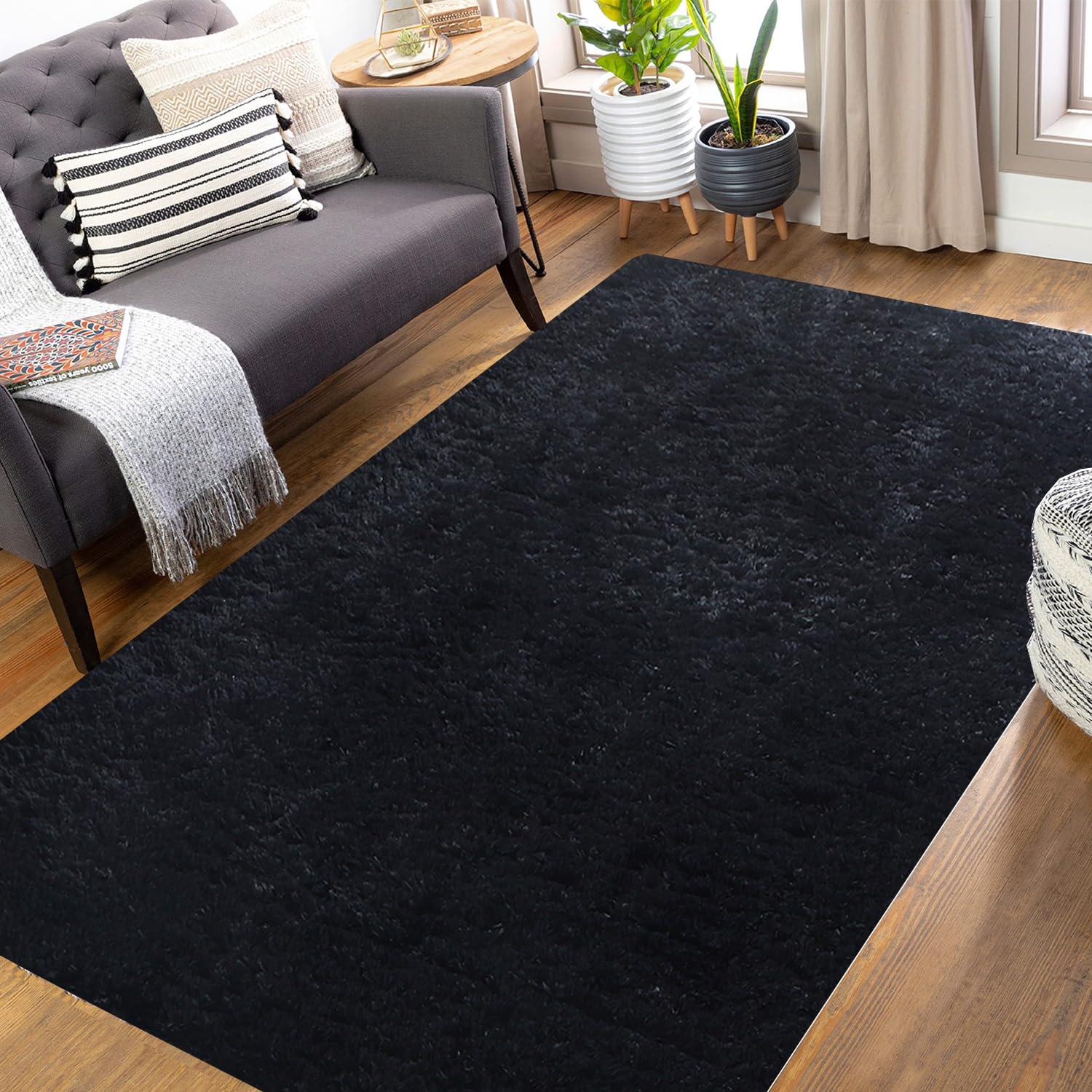 HT Design Rectengular Shag Area Rug, 5x7 Solid Color Low Pile Shag, Easy to clean, Pet Friendly, Soft Nursery Runner Rug for Living Rooms, Bedrooms, Black