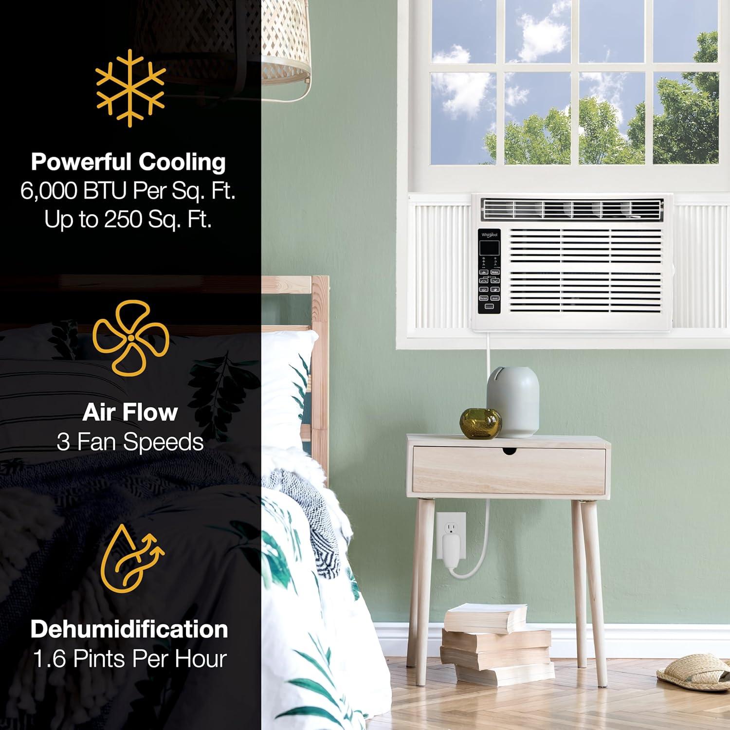 Whirlpool 6000 BTU 115V Window Mounted Air Conditioner and Dehumidifier: 3 Speeds, 8-Way Air Control, 200-500 sq. ft.