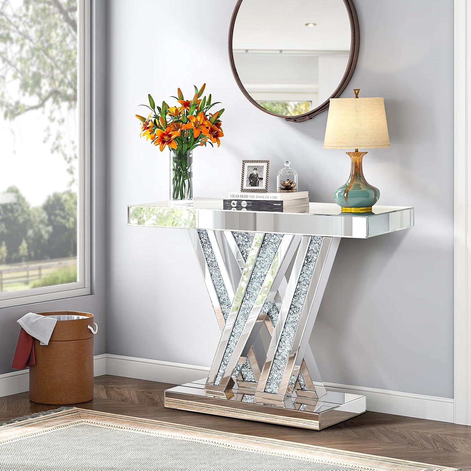 Modern Entryway Console Table With Crushed Diamond Inlay, 35" Silver Mirrored Glass Hallway Table For Entryway, Glam Decorative Sofa Tables For Living Room