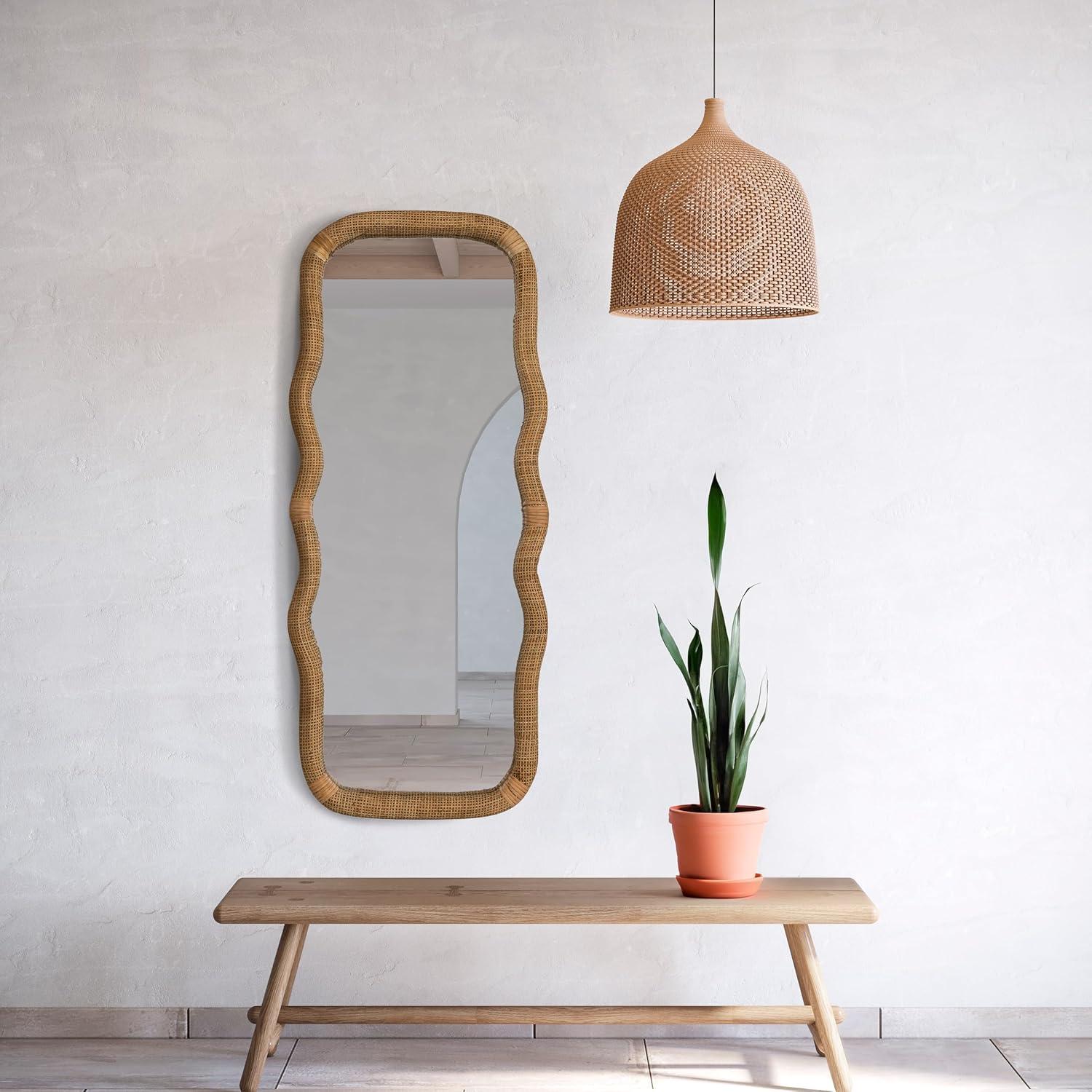 Storied Home Wavy Rectangle Handwoven Rattan Cane Wall Mirror, Natural
