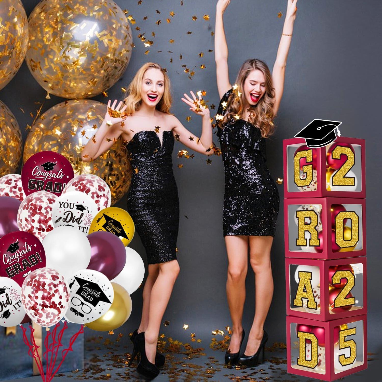 2025 Graduation Party Decoration, Red Gold Themed Set with Congrats Grad Banner, Balloons, Foil Number 2025 for Class of 2025 Graduation Party Supplies