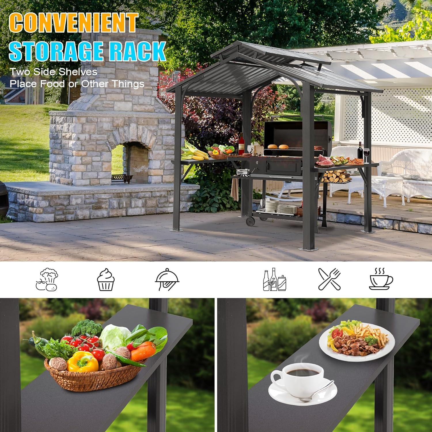 Domi 8x5FT Gray Steel Hardtop Grill Gazebo with Shelves