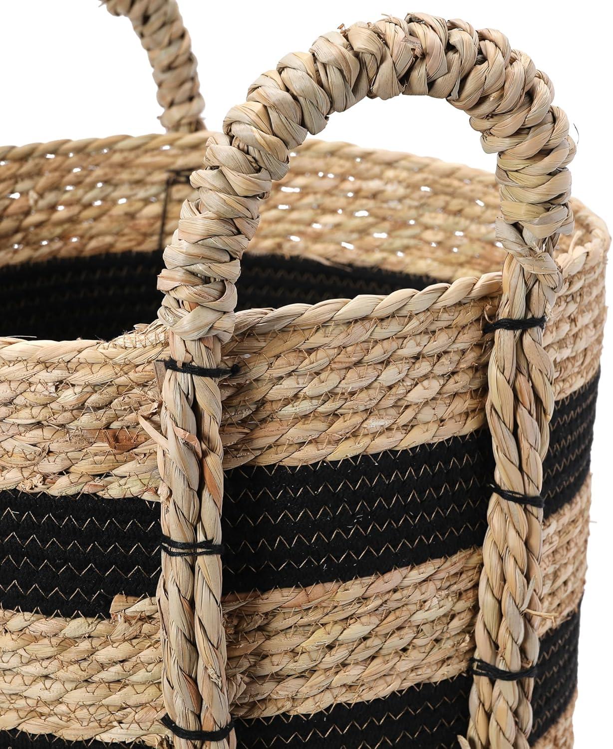 Household Essentials Braided Handle Basket Black/Natural: Large Round Seagrass Decorative Wicker Basket 20.1" Height