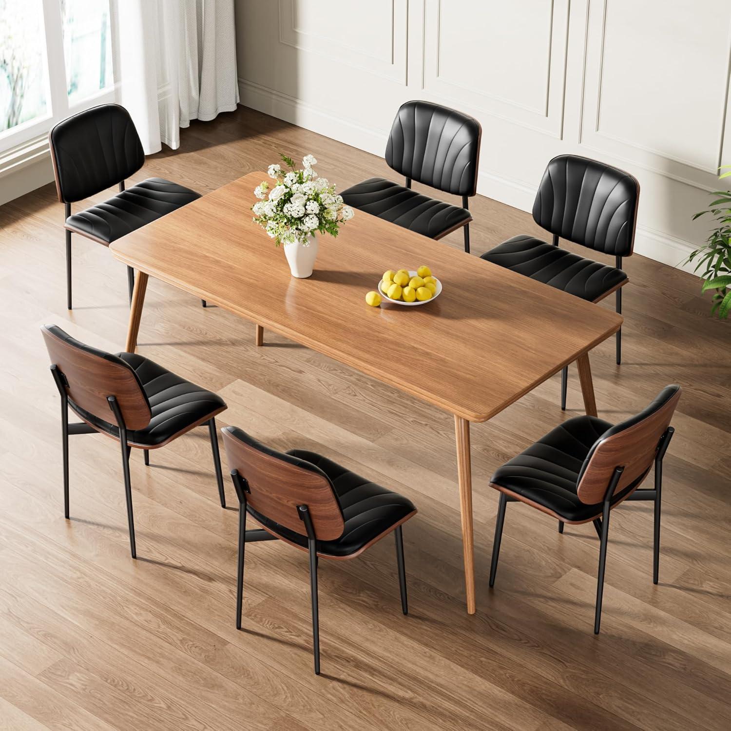 Dining Chairs Set of 2, Mid Century Modern Retro Faux Leather Chair with Walnut Bentwood Back, Upholstered Seat Metal Legs & Adjustable Foot for Kitchen Dining Room Chairs(Black PU)