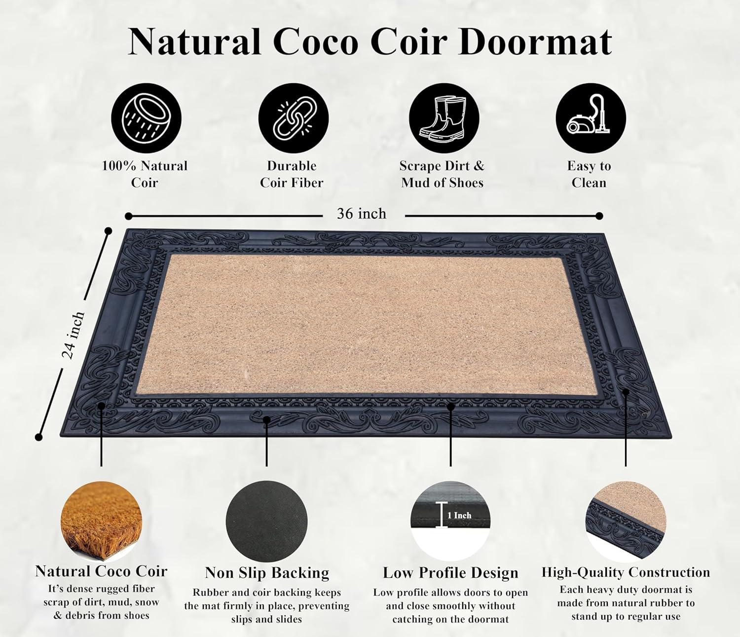 A1 Home Collections Natural Coir and Rubber Door Mat, 24x36, Thick Durable Doormats for Indoor Outdoor Entrance, Heavy Duty, Long Lasting, Front Porch Entry Rug, Black Finish (RC186-BLNW-24X36)