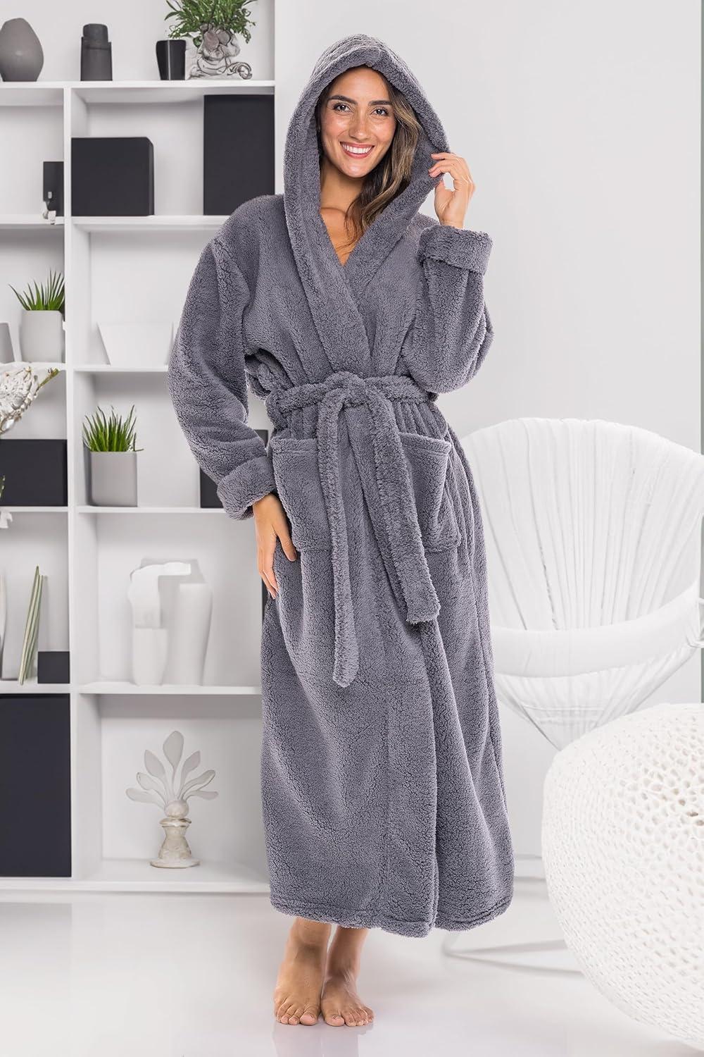 ADR Womens Fluffy Robe, Fuzzy Robe for Women, Long Hooded Robes for Women, Plus Size Robe Steel Gray XS
