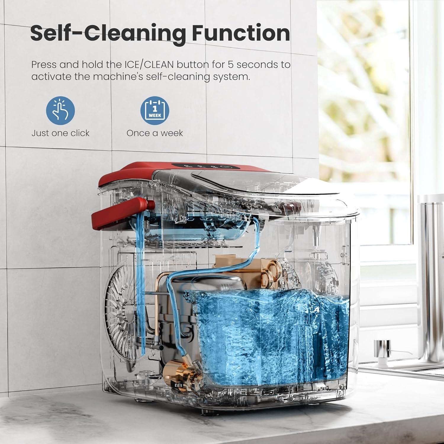 Red Portable Countertop Ice Maker with Handle and Self-Cleaning Function