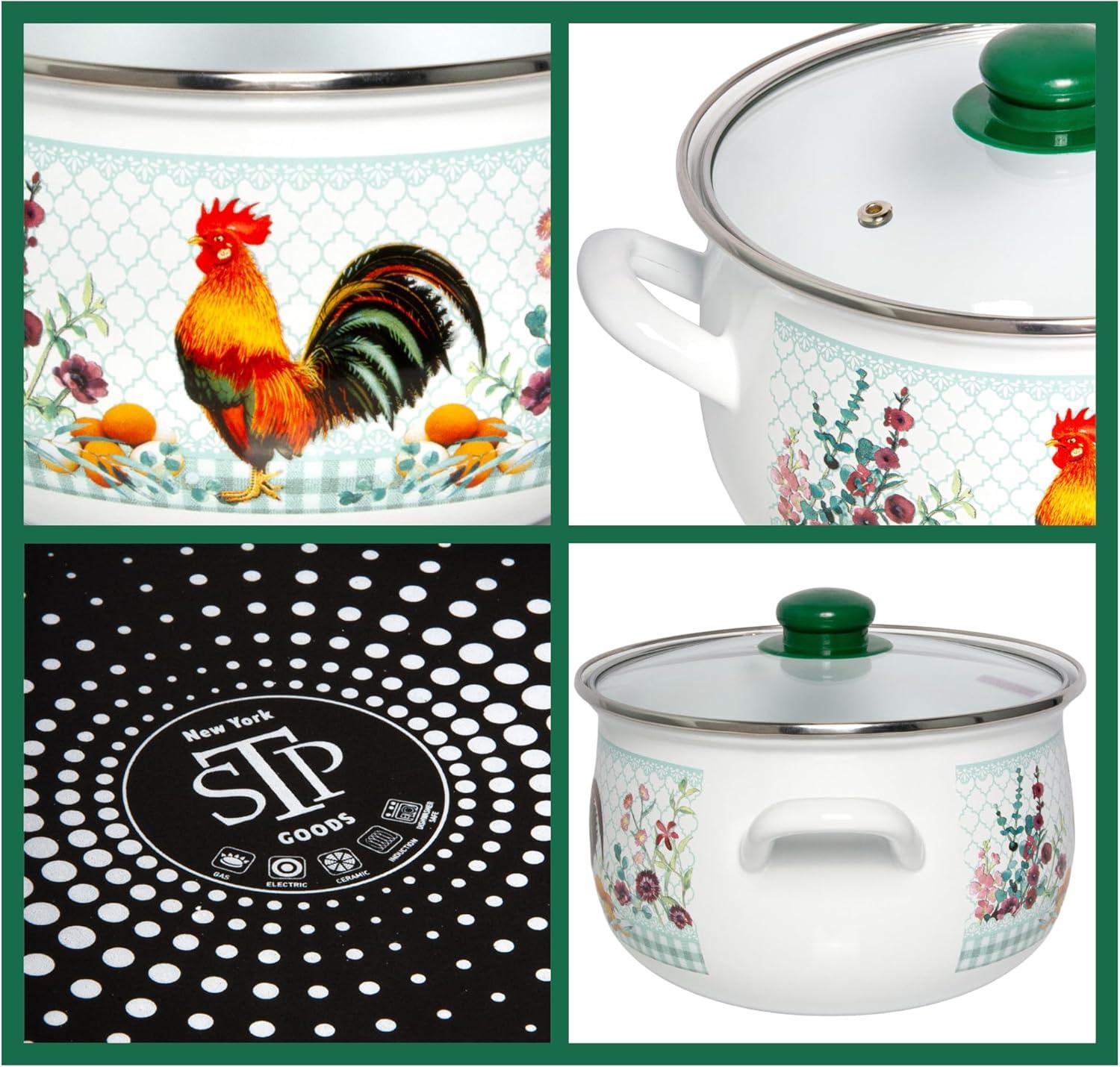 STP Goods Traditional Country Style Enamel Rooster Belly Deep Casserole With Glass Lid