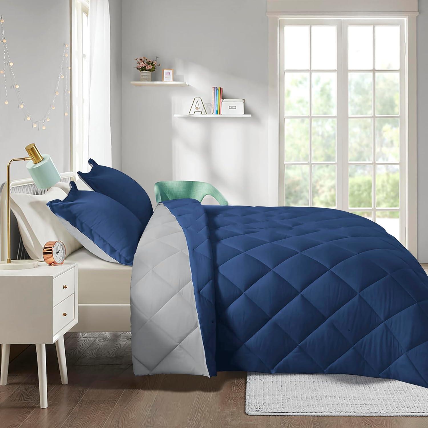 Navy and Light Gray Reversible Queen Microfiber Comforter Set