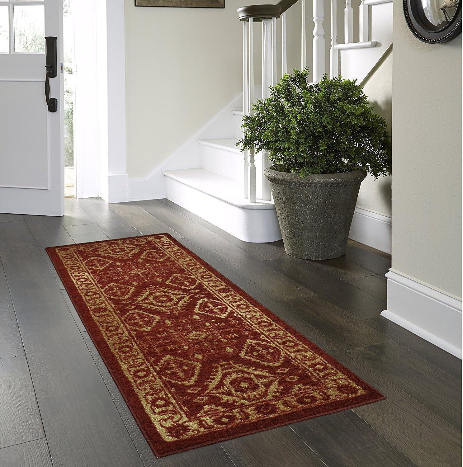 Maples Rugs - Made in USA - Georgina Traditional Washable Indoor Runner Rugs, 2' x 6', Red/Gold