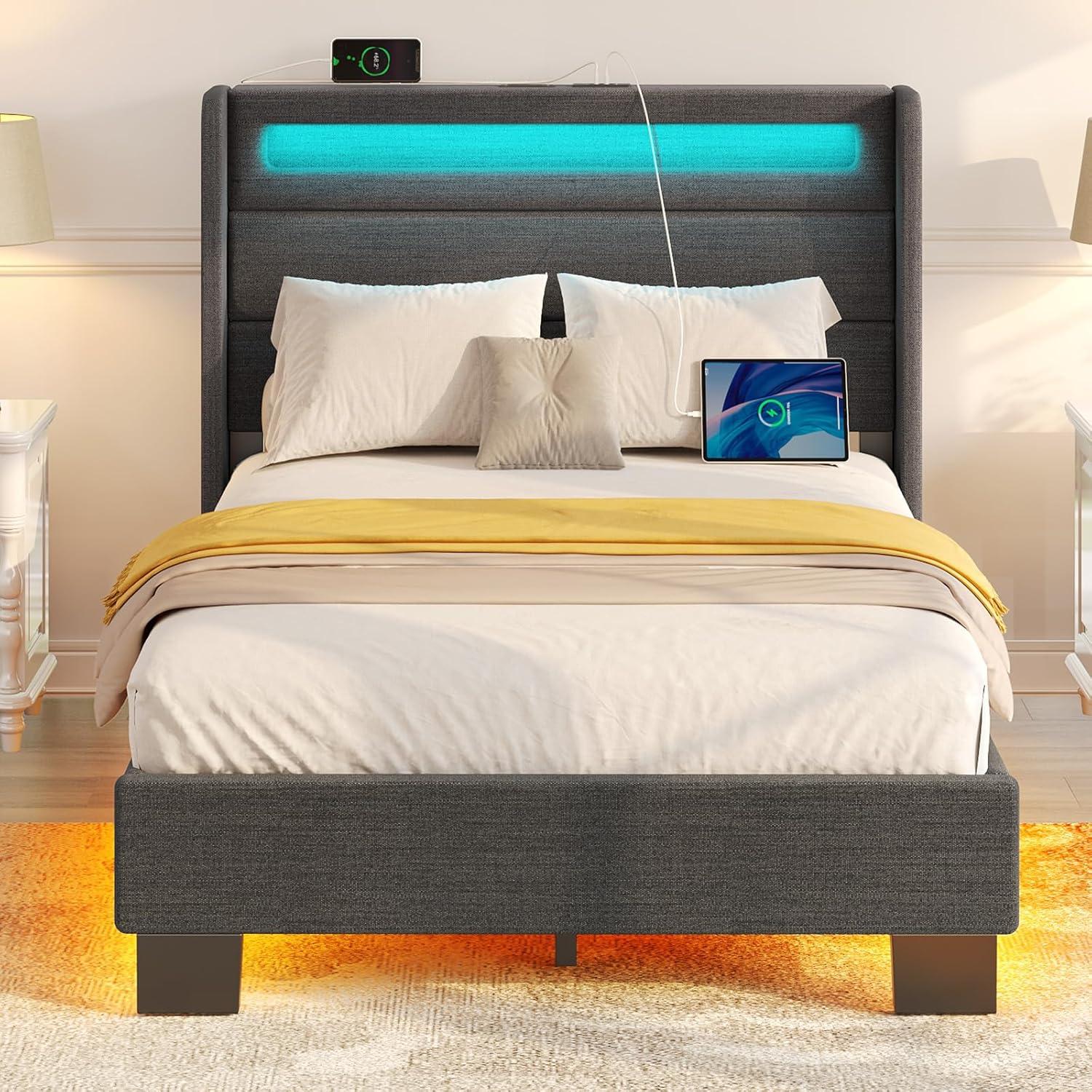 Twin Dark Gray Upholstered Bed Frame with LED Lights and Charging Station