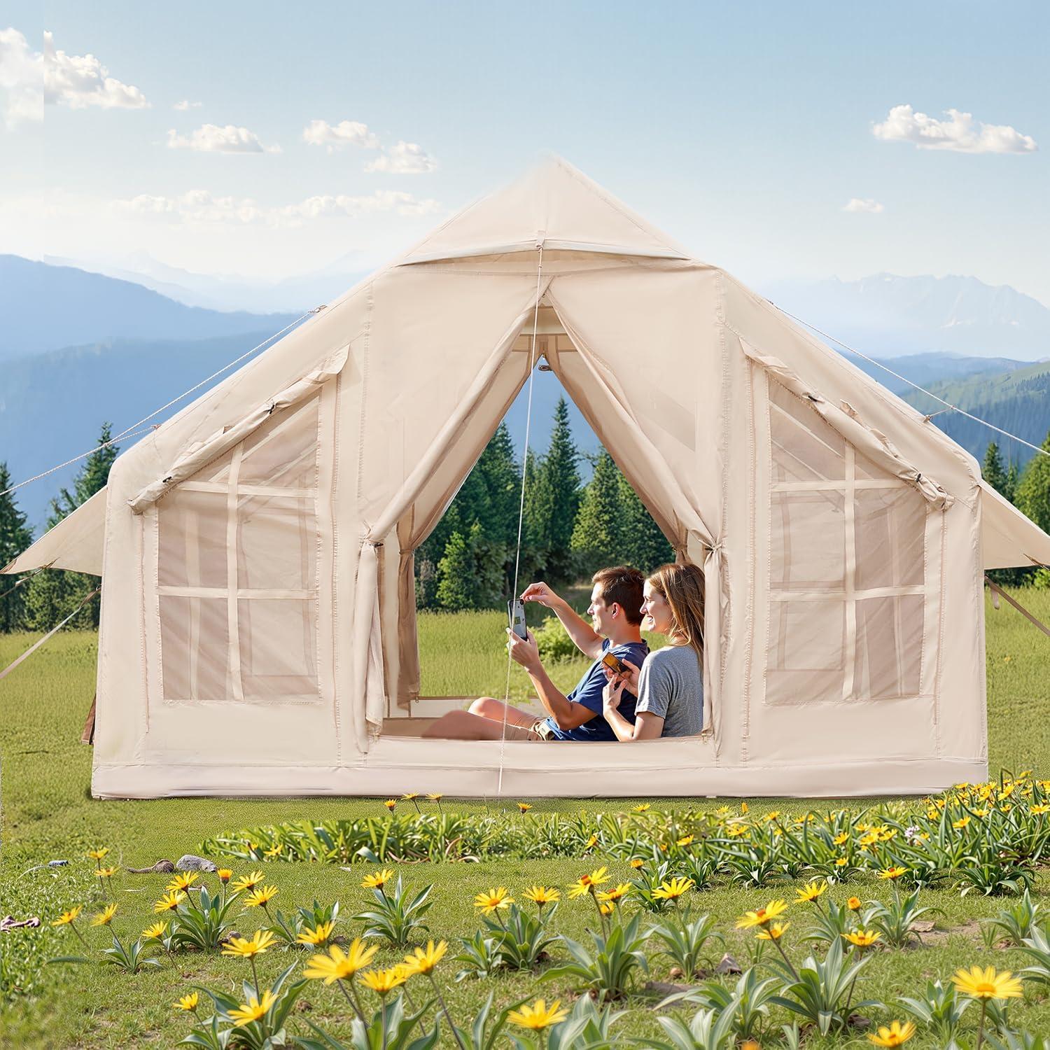 VEVOR Inflatable Tents for Camping, 4-6 Person Easy Setup Blow up Tent with Hand Pump,300D Oxford 4 Season Glamping Tent with Stove Jack 2 Doors & 4 Mesh Windows,Storage Bag Included for Easy Taking