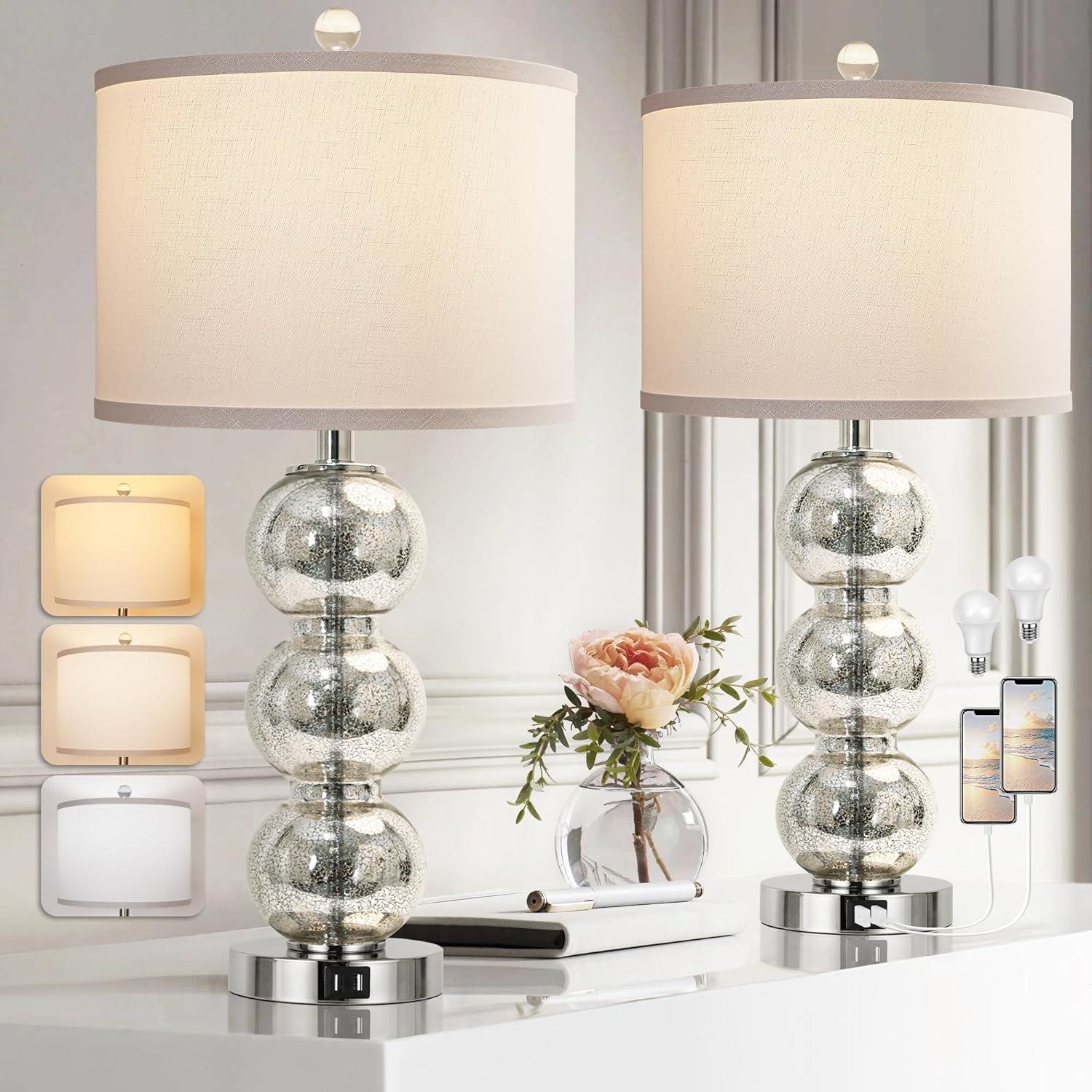 Rosdorf Park Led Table Lamps Set Of 2 - Contemporary Triple Glass Sphere Design, Mercury Silver/Chrome Finish
