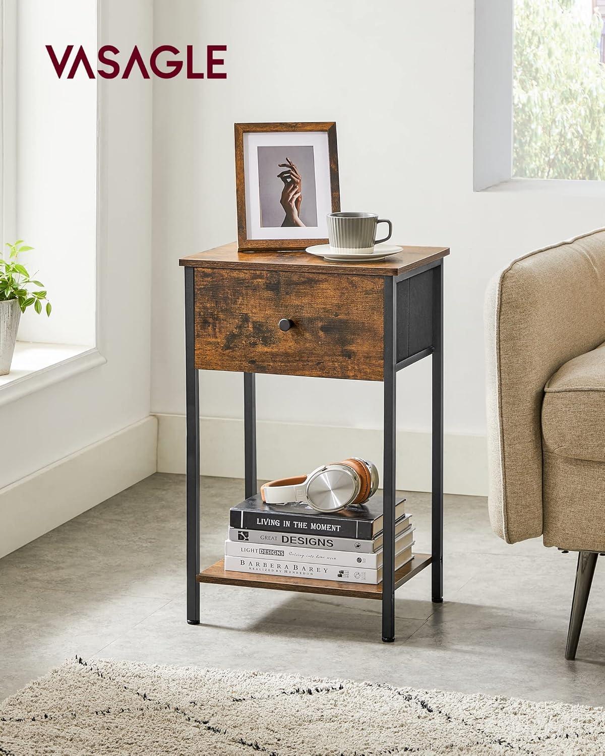 Rustic Brown and Black Metal Frame Nightstand with Drawer