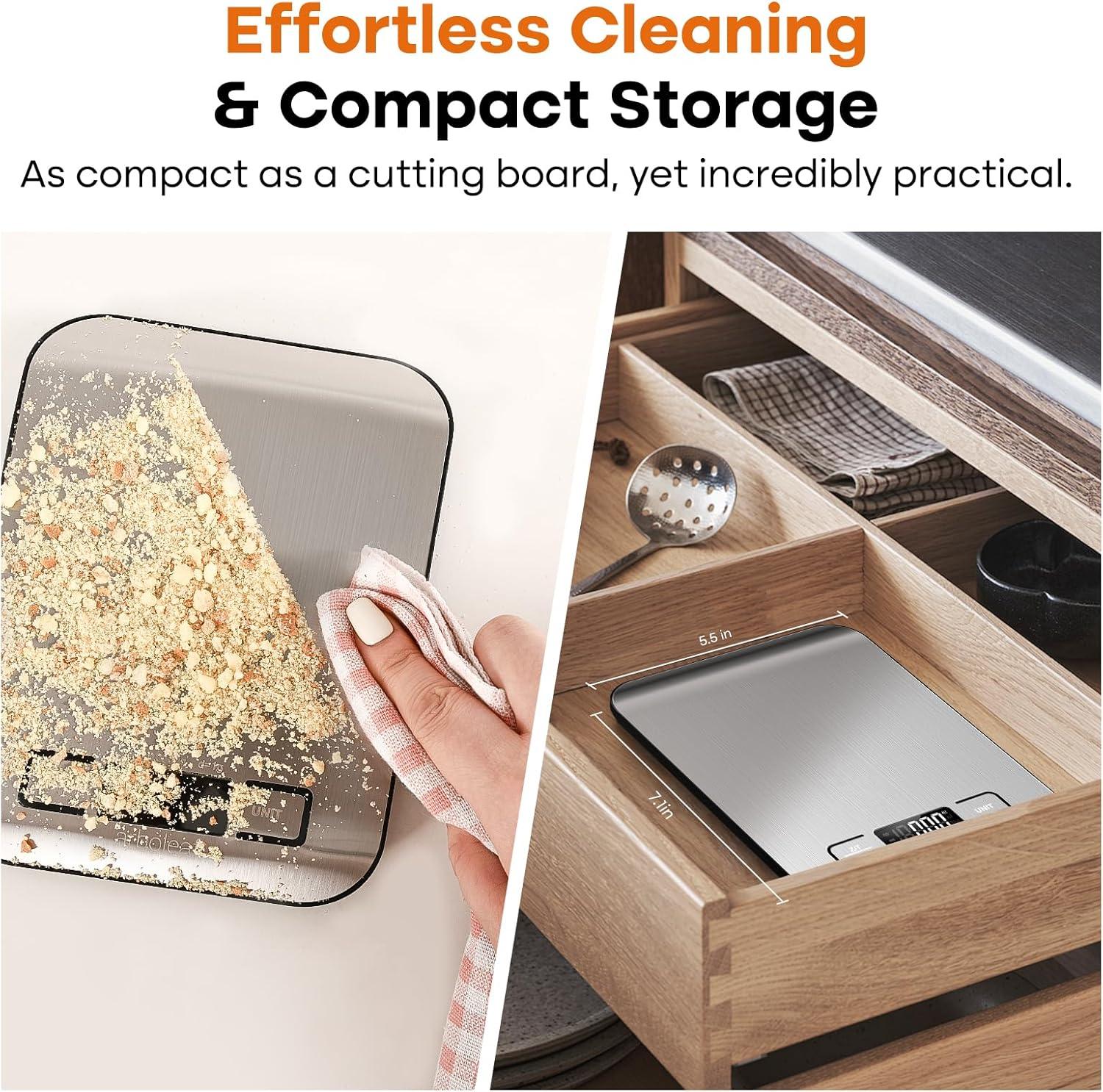 arboleaf Food Kitchen Scale, 22lb Digital Weight Grams and Ounces for Baking and Cooking, 1g/0.01oz Precise Food Scales for Kitchen, Backlit LCD Display, Tare Function, Stainless Steel