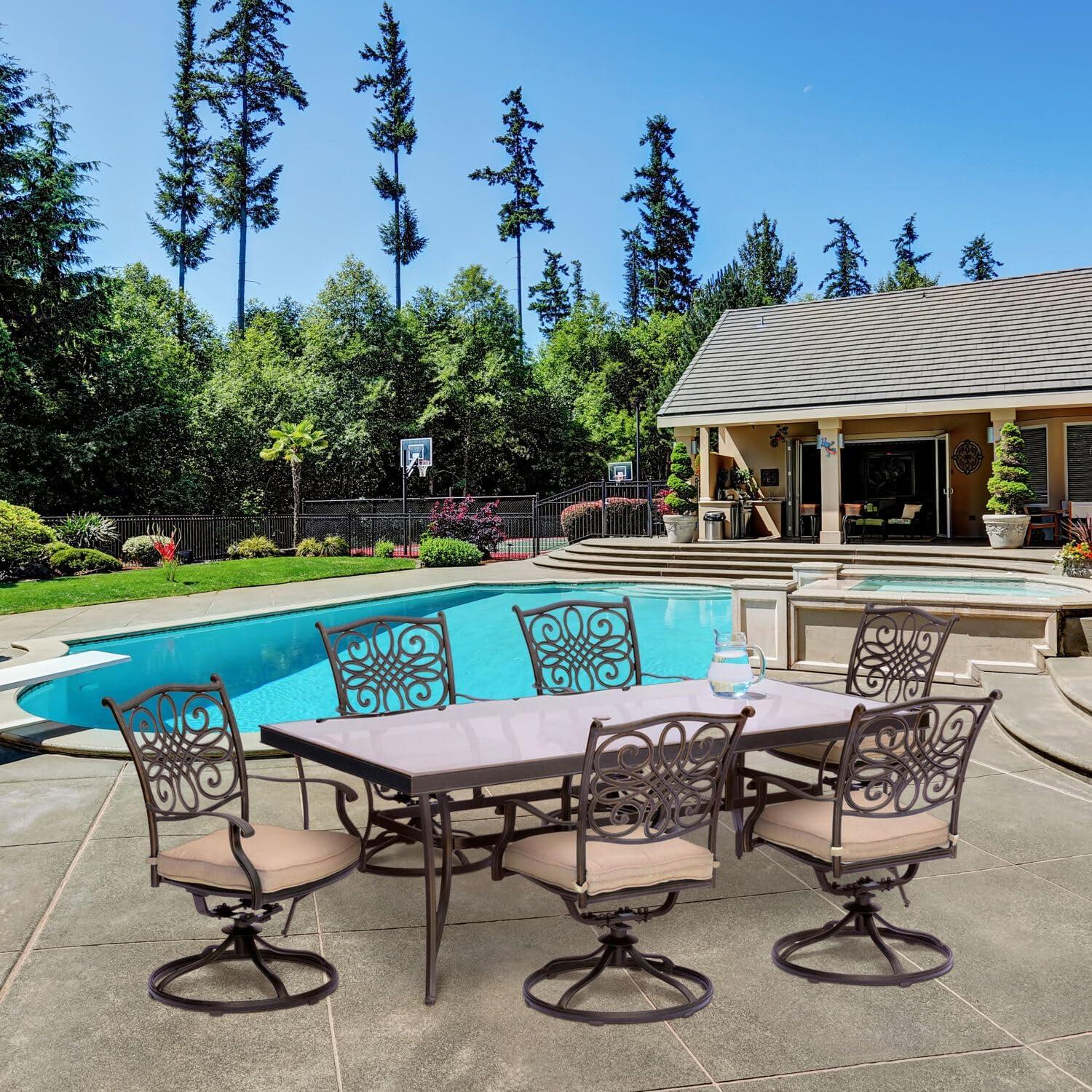 Hanover Traditions 7-Piece Dining Set in Blue with Extra Large Glass-Top Dining Table