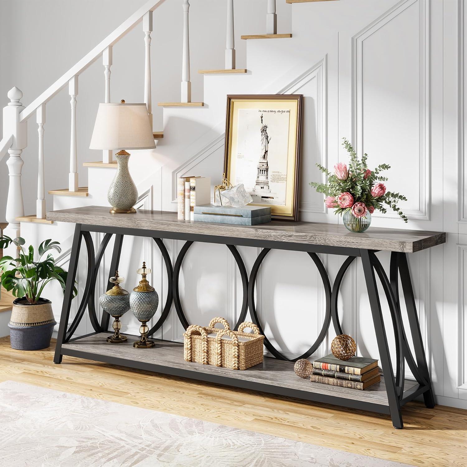 Tribesigns 70.9 inch Extra Long Console Table, Industrial Sofa Table Behind Couch with 2 Tier Storage Shelf, Narrow Entryway Hallway Accent Table for Living Room, Grey