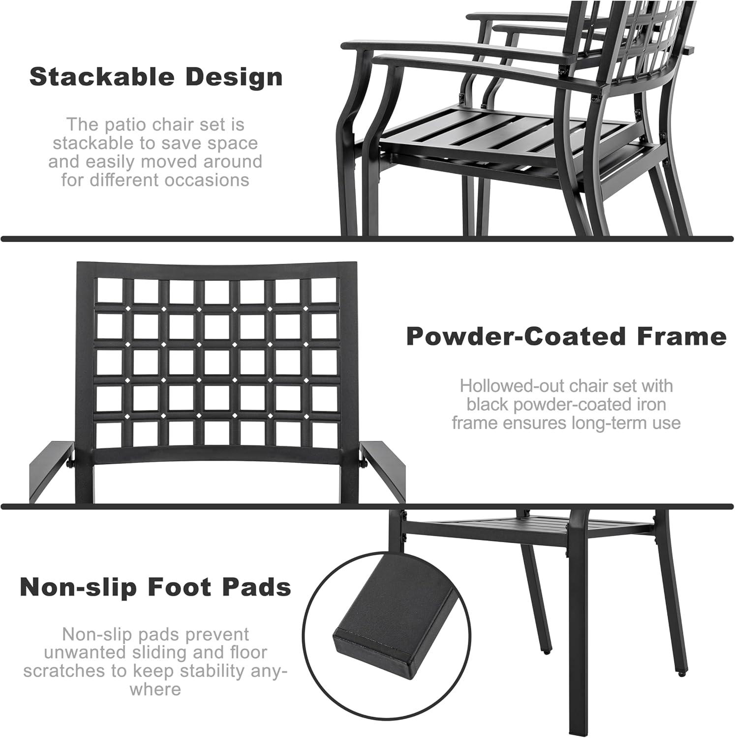 Nuu Garden Outdoor Dining Chair, Patio Dining Chair Set, Stackable Design, All-weather Iron Frame with Powder-coated Finish for Indoors and Outdoors, Patio, Deck, Garden, Yard, Black