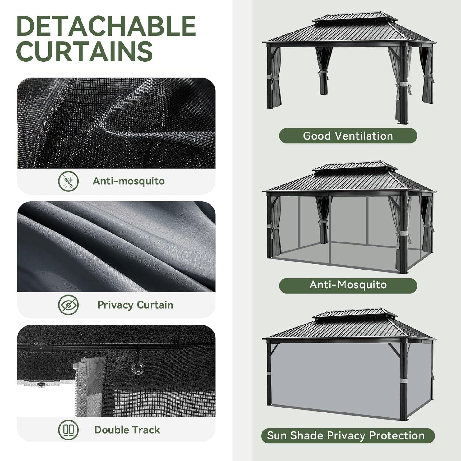 Kozyard Kozyard Alexander Gray Double Roof Hardtop Gazebo with Privacy Curtain Mosquito Netting