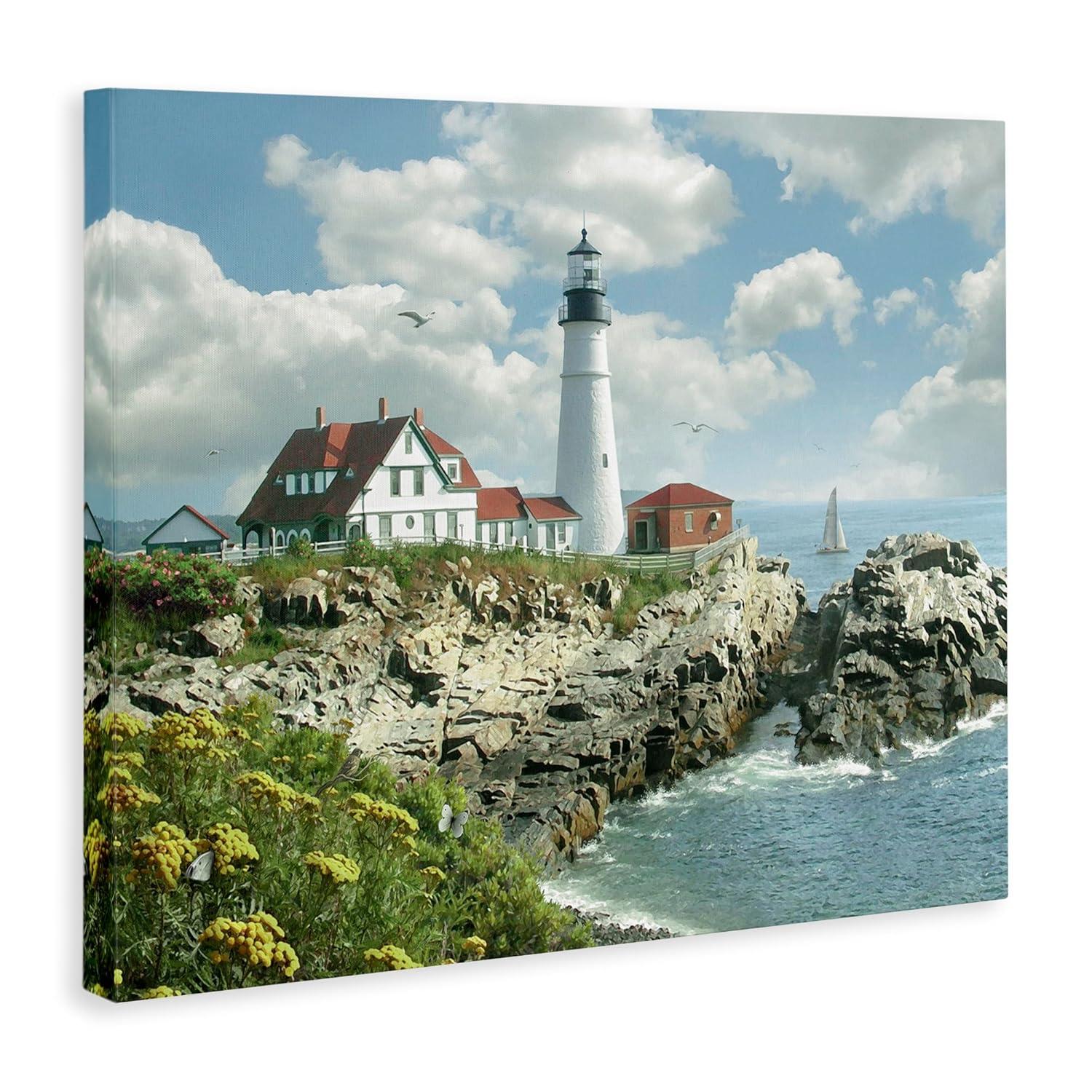 The Stupell Home Decor Collection Portland Head Lighthouse Scene Grassy Ocean Side Peninsula with Sail Boat Canvas Wall Art