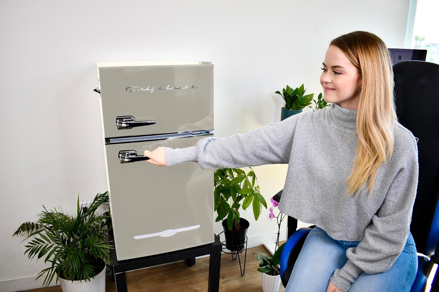 Frigidaire 3.2 cu ft 2 Door Retro Fridge w Side Bottle Opener Cream: Compact Mini Refrigerator, Model EFR840-CREAM