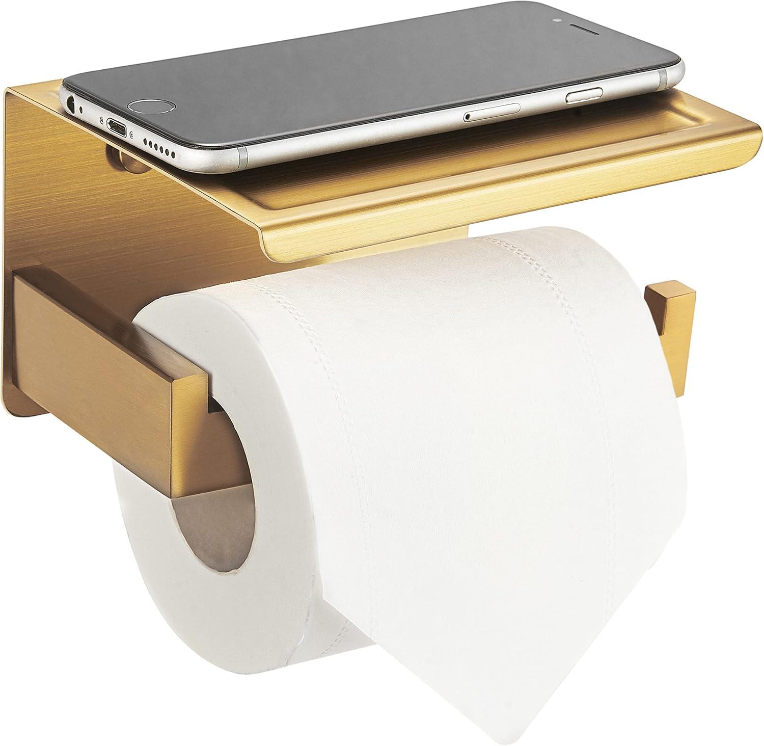 Gold Toilet Paper Holder, Stick on Brushed Brass Toilet Paper Holder with Shelf, Self Adhesive No Drill or Wall-Mount with Screws for Bathroom