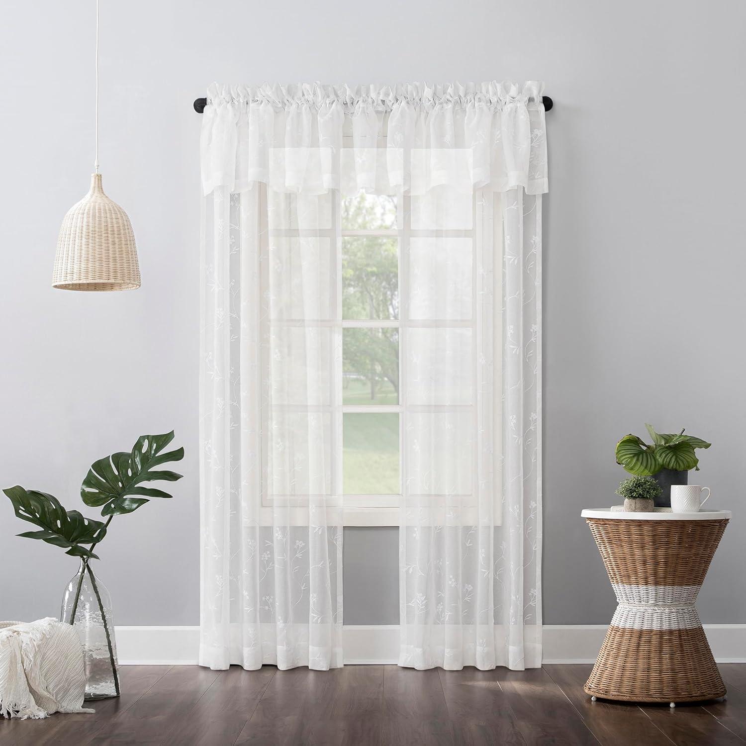 17"x50" Delia Embroidered Floral Sheer Rod Pocket Curtain Valance Ivory - No. 918: Botanical Window Valance
