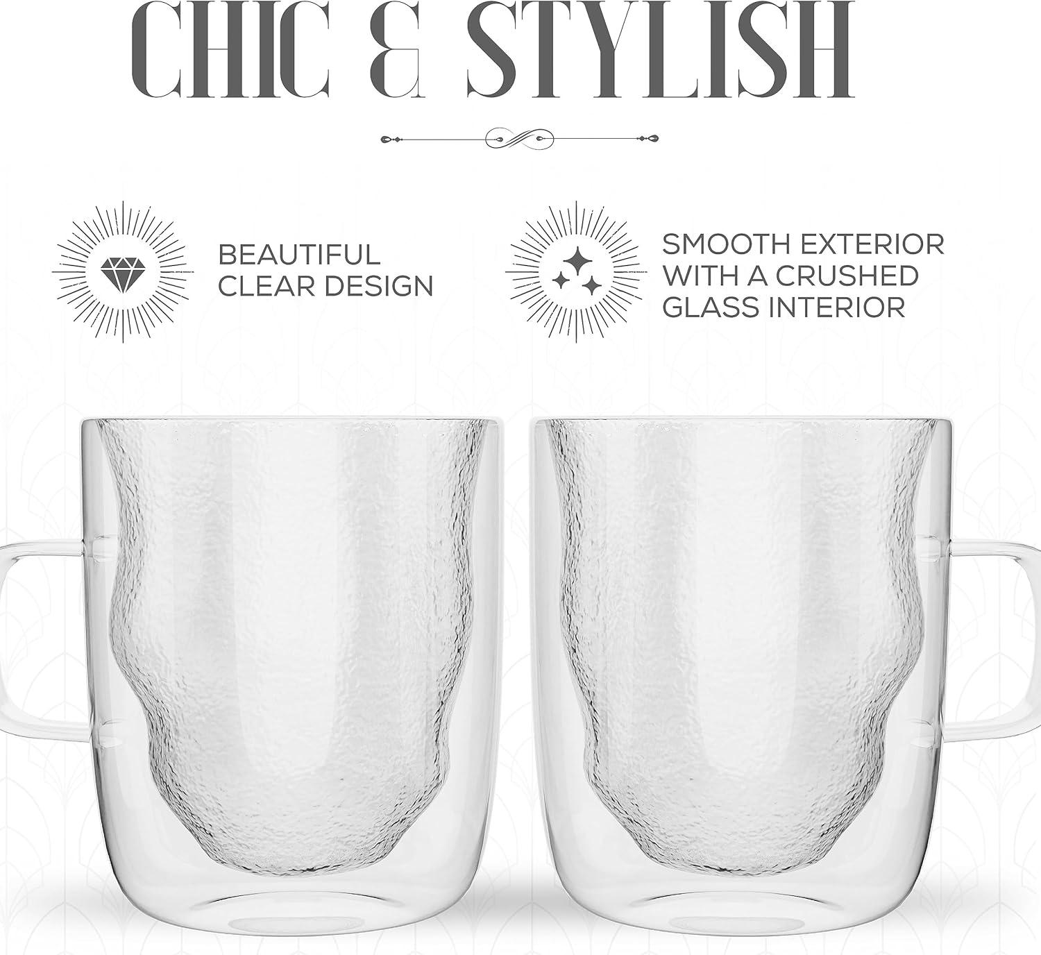 Elle Decor Set of 2 Insulated Coffee Mugs, 13-Oz Double Wall Crushed Design Glasses, Clear