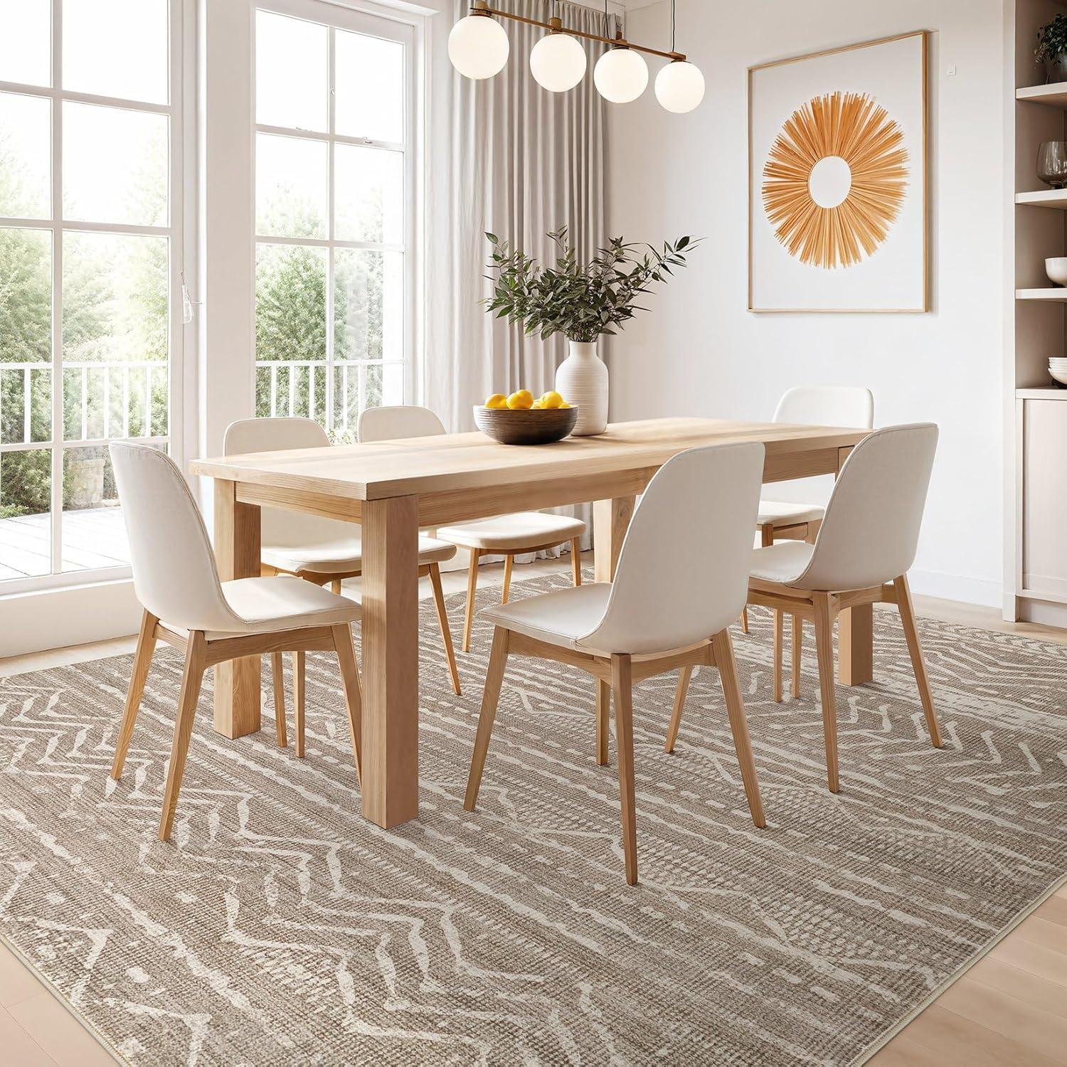 FairOnly 9'x12' Brown White Area Rugs Machine Washable Vintage Rugs for Bathroom Geometric Moroccan Ultra-Thin Area Rugs for Family Room Living Room Carpet