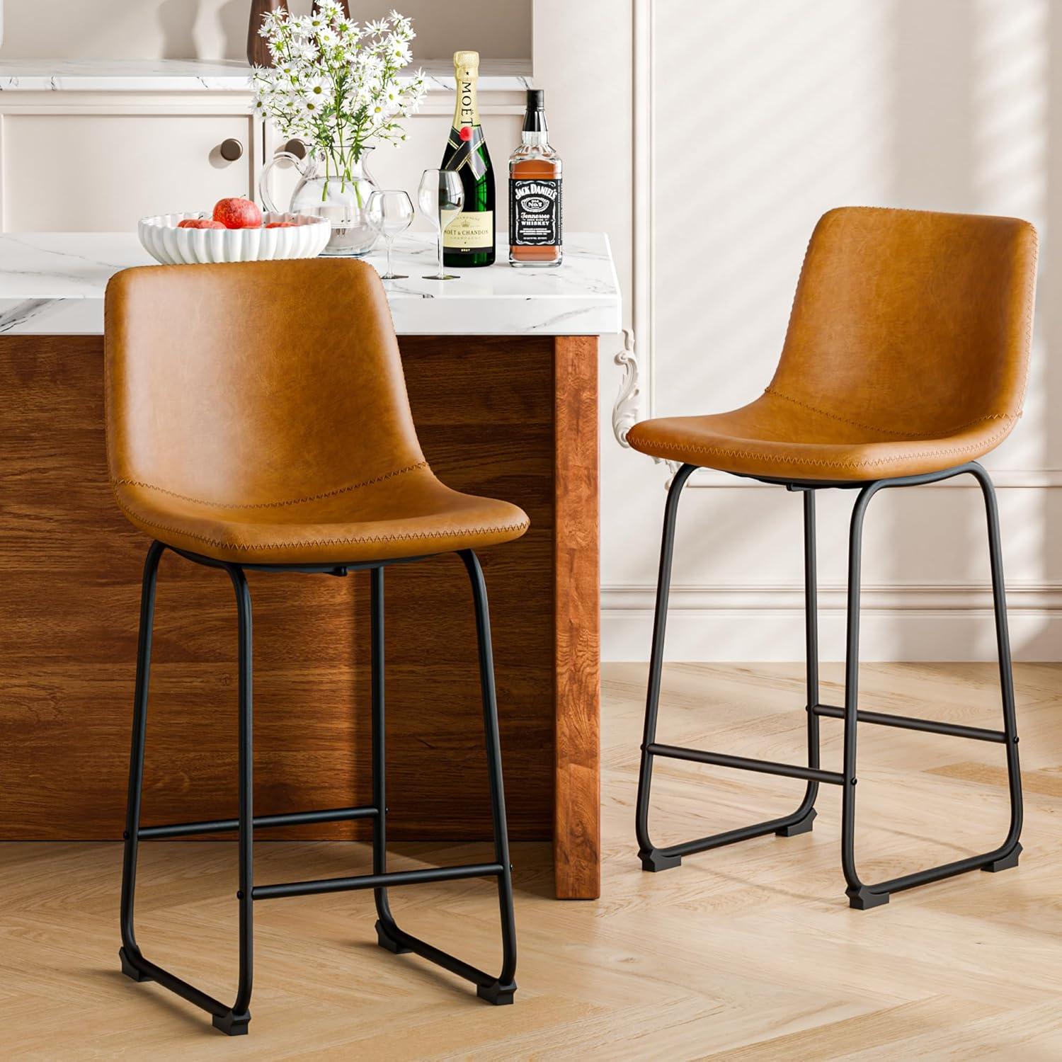 WM 26 inch Counter Height Bar Stools Set of 4, Modern Faux Leather High Barstools with Back and Metal Leg, Bar Chairs for Indoor & Outdoor, Brown