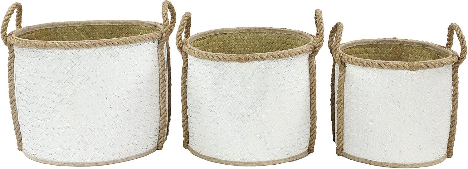 DecMode 17", 15", 13"W White Seagrass Handmade Two Toned Storage Basket with Handles, 3-Pieces