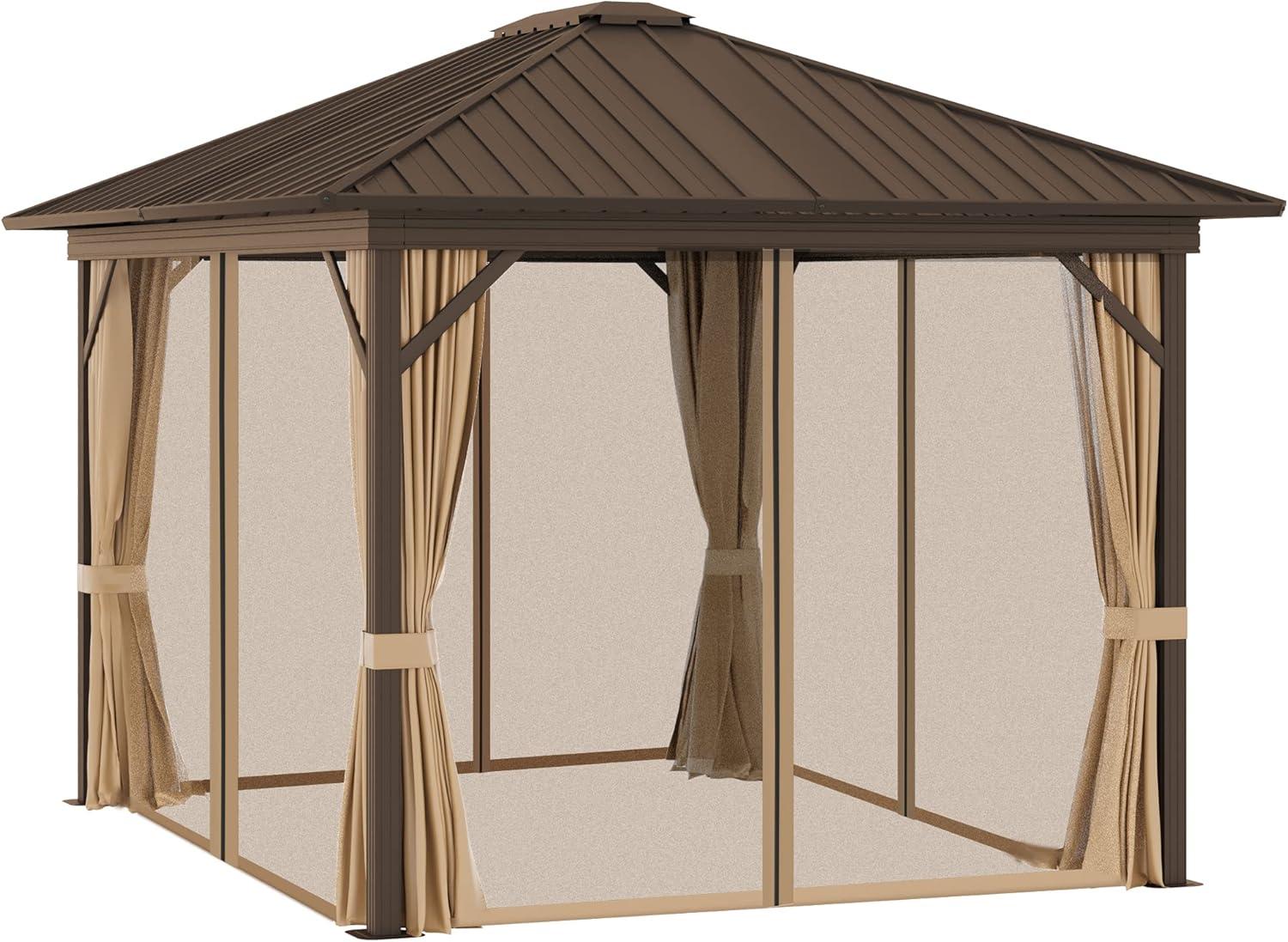 Brown Aluminum and Steel Hardtop Gazebo with Mesh Curtains